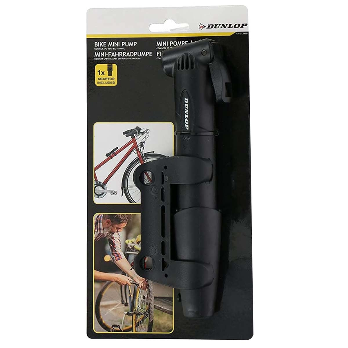 Pompe à vélo Dunlop noire. L'emballage montre un vélo et une personne utilisant la pompe. Texte en anglais, français et allemand.