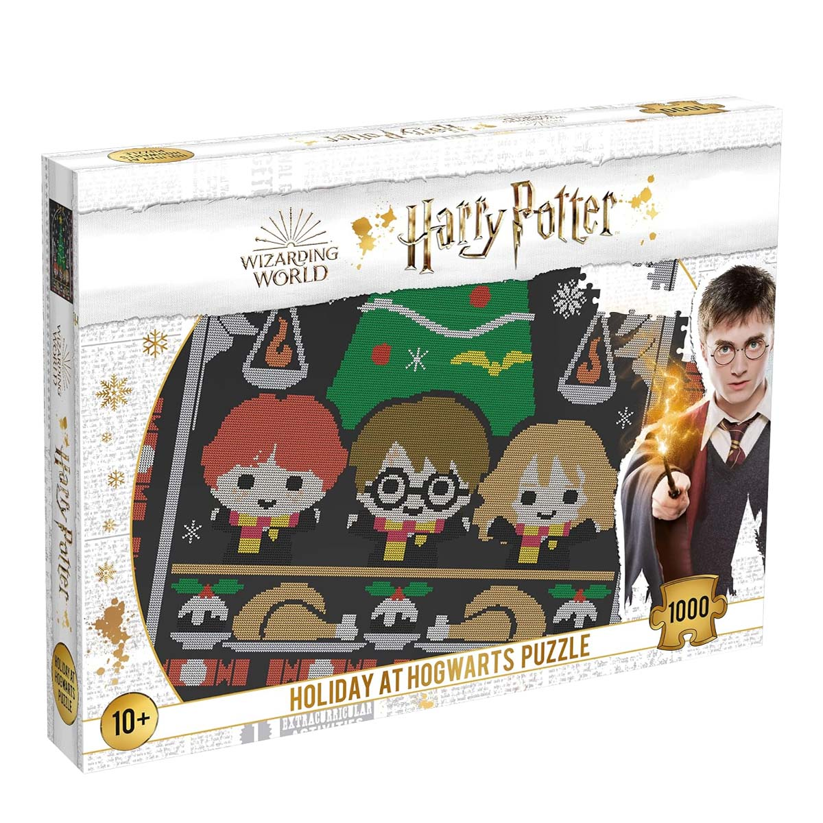 Pudełko z puzzlami Harry'ego Pottera. Zawiera postacie w sweterkowym wzorze, Harry'ego trzymającego różdżkę i napisem "Holiday at Hogwarts Puzzle".