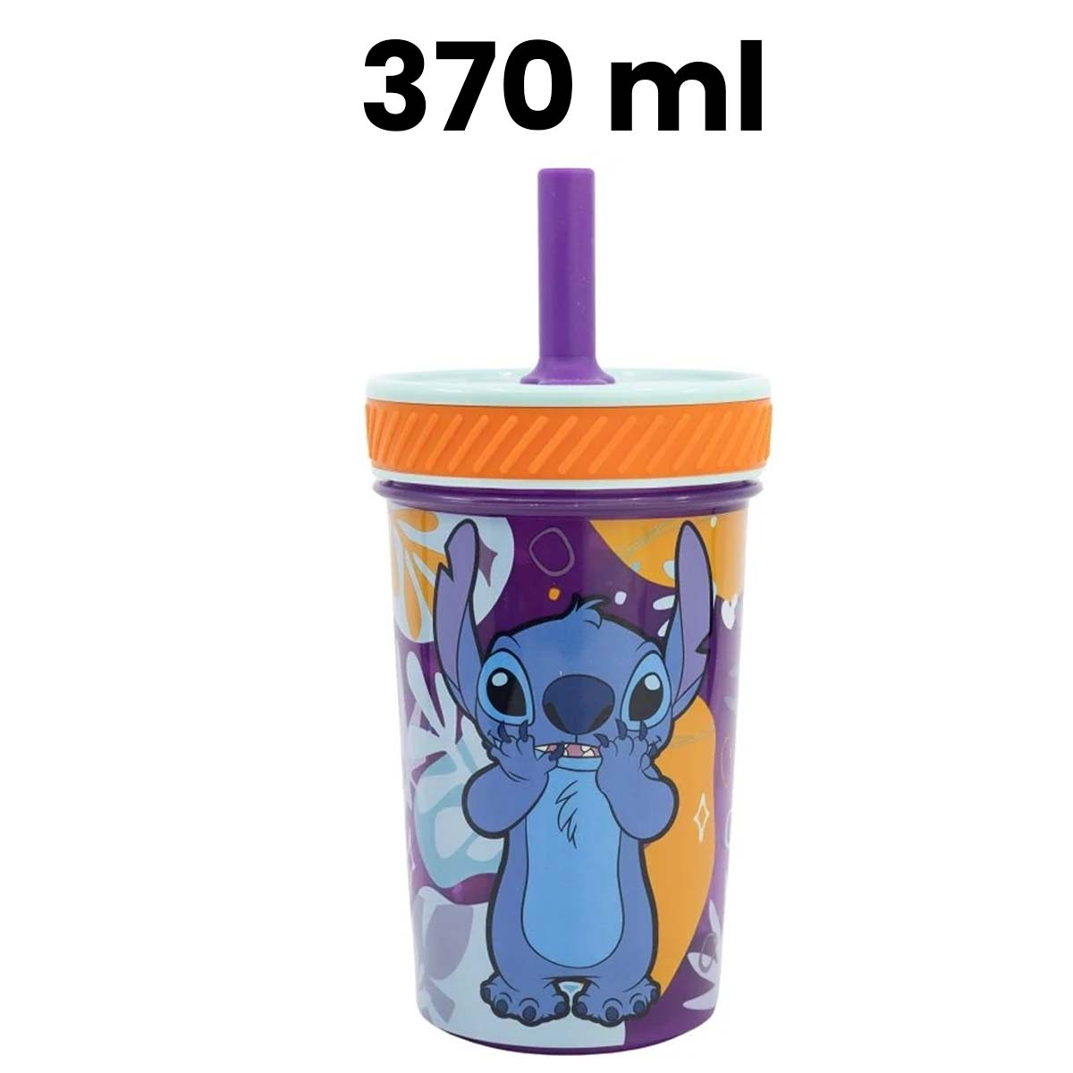 Un vaso con tema de Stitch con pajita morada, tapa naranja y capacidad de 370 ml. Presenta la imagen de Stitch.