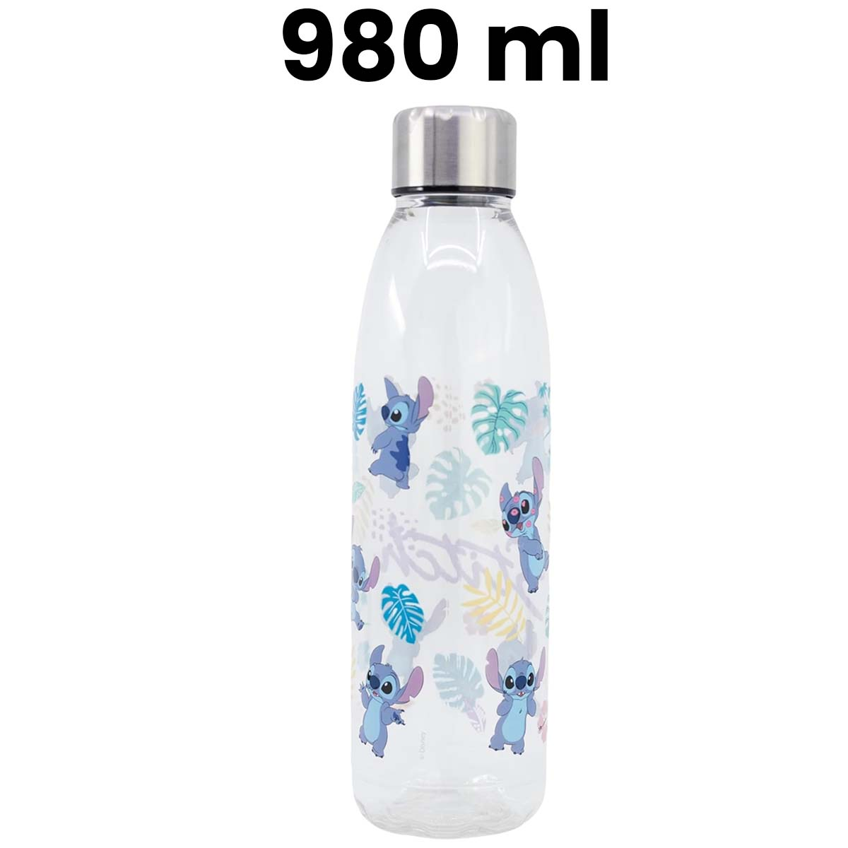 Klare Wasserflasche mit silbernem Deckel. Sie hat ein Muster aus Stitch-Figuren und Blättern. Darüber steht '980 ml'.