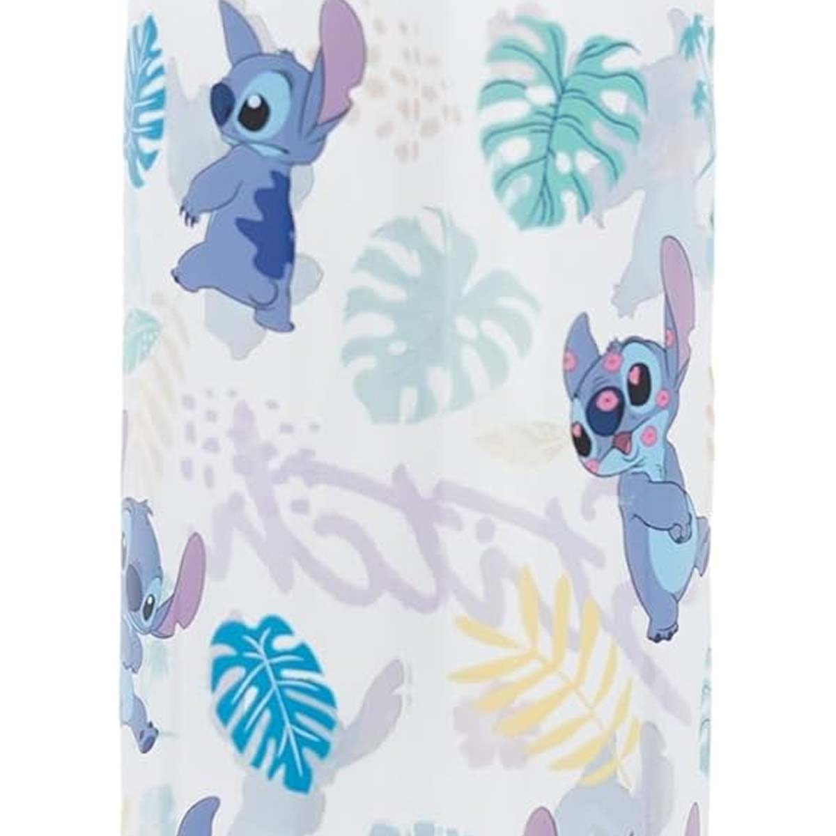 Eine weiße Oberfläche mit Stitch-Figuren und tropischen Blättern. Stitch ist blau, mit großen Ohren. Blätter sind blau, grün und gelb.