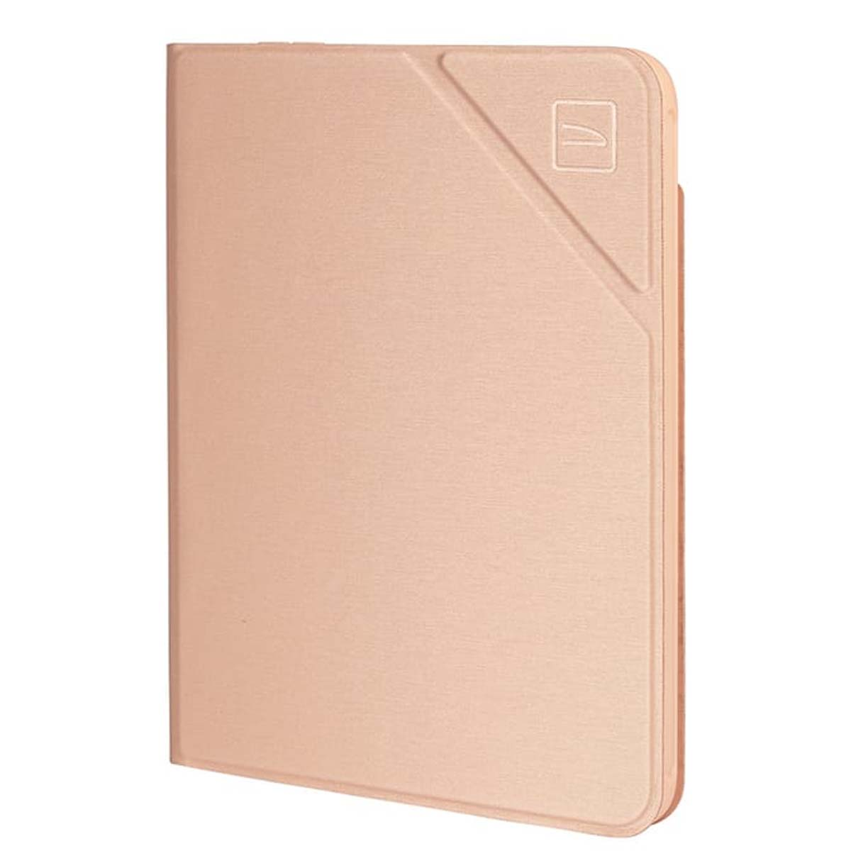 Una custodia per tablet color pesca. La custodia ha una superficie strutturata, un elemento di design diagonale e un logo.