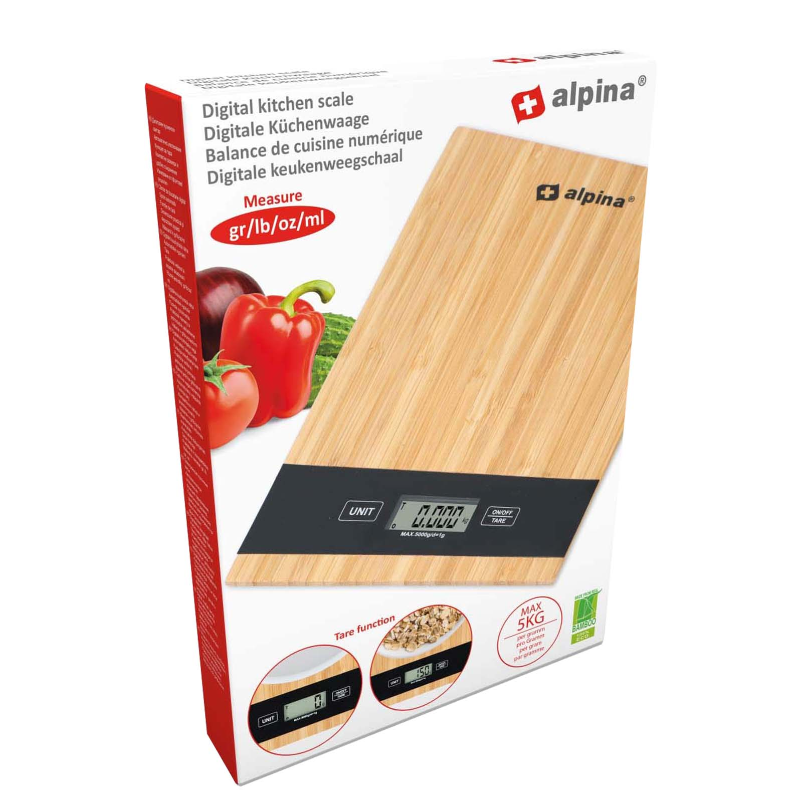 Schachtel mit digitaler Küchenwaage. Zeigt eine Holzwaage mit schwarzem Display und rote Paprika.