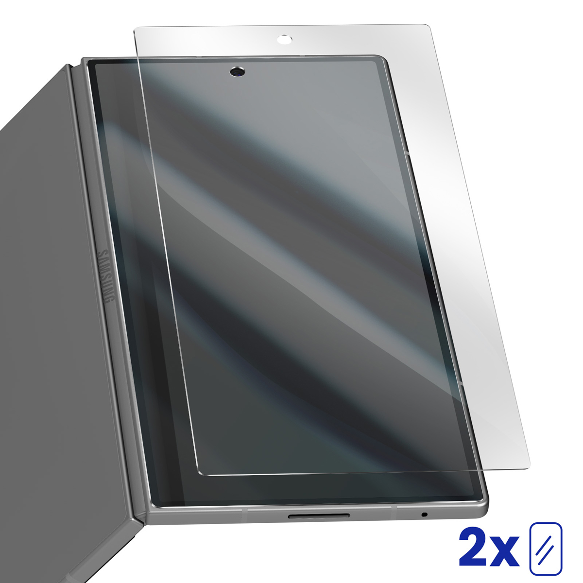 Tablet z nakładką ochronną na ekran. Tablet jest w szarej obudowie z logo Samsung. Ochraniacz jest przezroczysty.