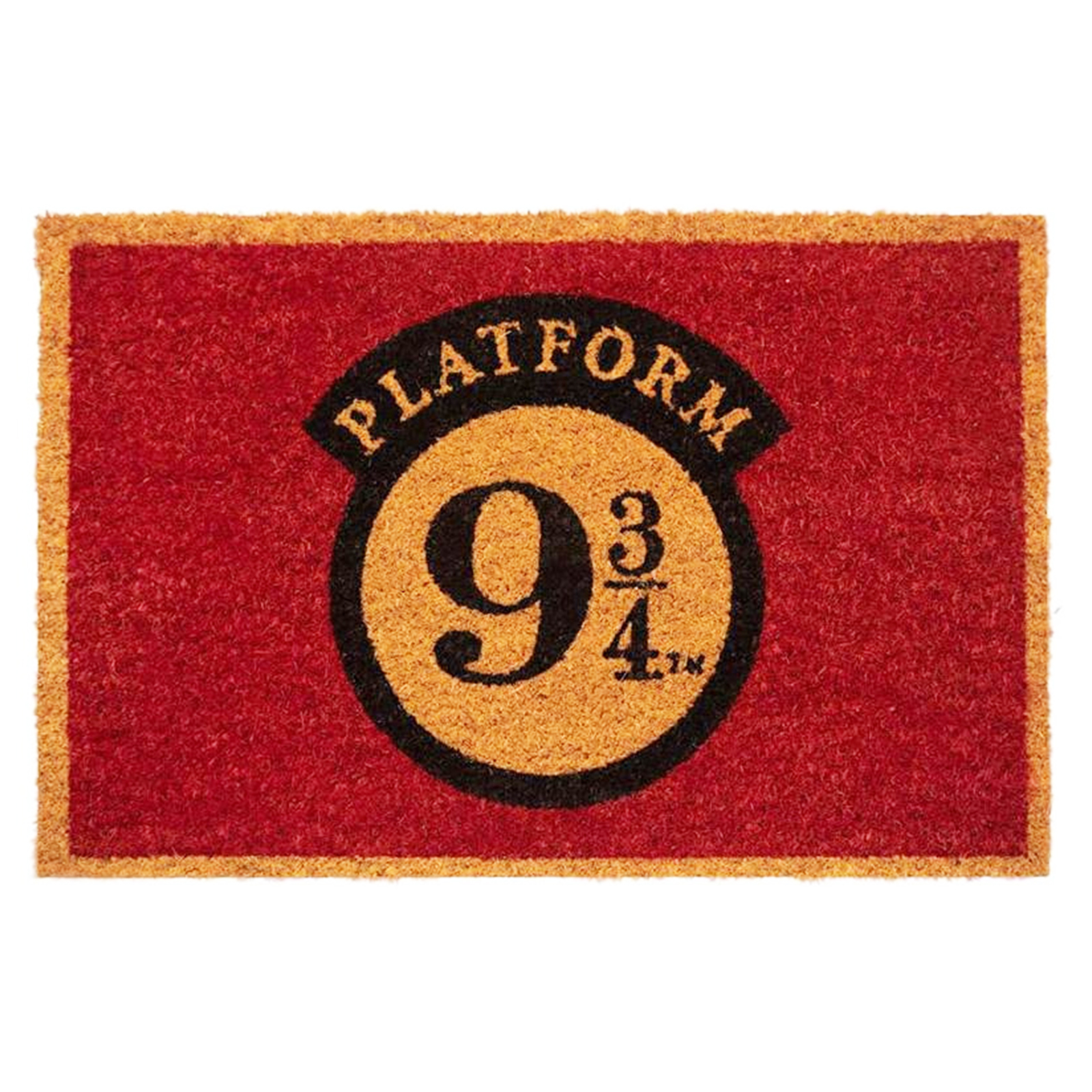 Fußmatte mit rotem Hintergrund, tanfarbenem Rand und einem zentralen Emblem. Das Emblem zeigt "Platform 9 3/4" in Schwarz und Tan.