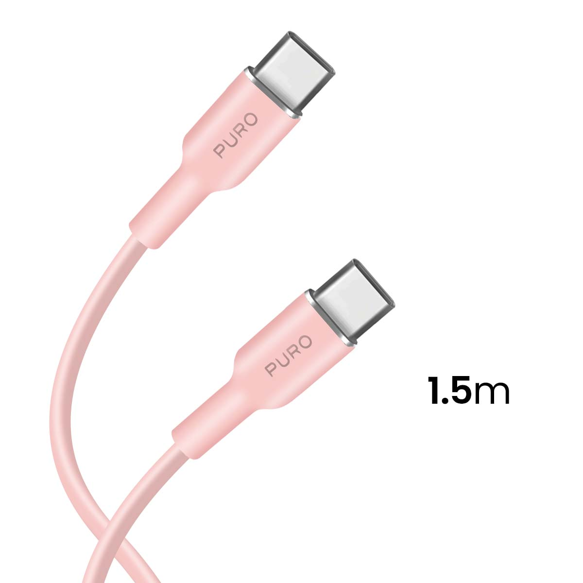 Dwa różowe kable USB-C ze srebrnymi złączami, oznaczone 'PURO'. Jeden kabel oznaczony 1,5 m. Białe tło.