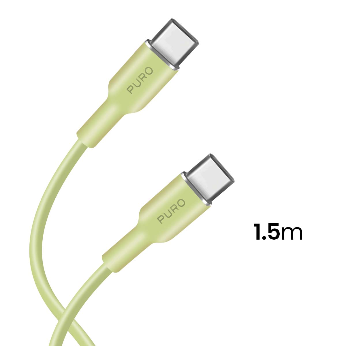 Dwa zielone kable USB-C z nadrukiem 'PURO'. Kable są na białym tle, z tekstem 1,5 m po prawej stronie.