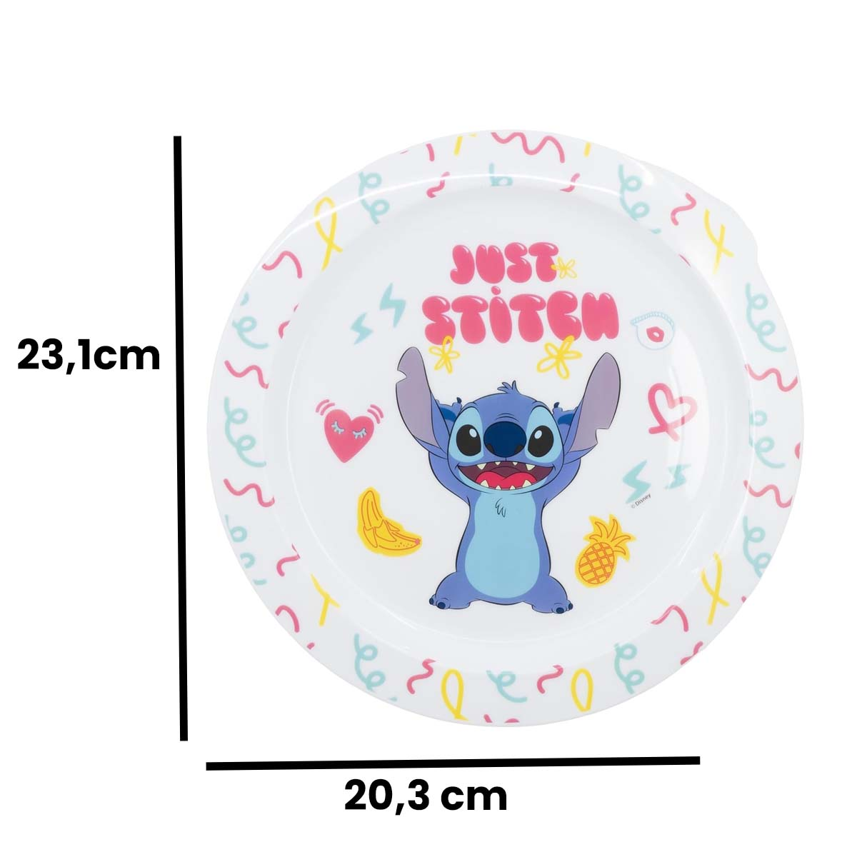 Un piatto bianco con l'immagine di Stitch. Ha la scritta "Just Stitch" e decorazioni come cuori, una banana e un ananas.