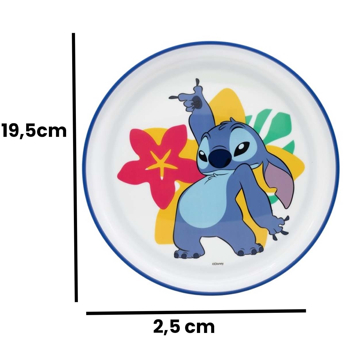 Un piatto bianco con bordo blu raffigura Stitch di Lilo & Stitch, circondato da fiori. Il testo indica le dimensioni: 19,5 cm x 2,5 cm.