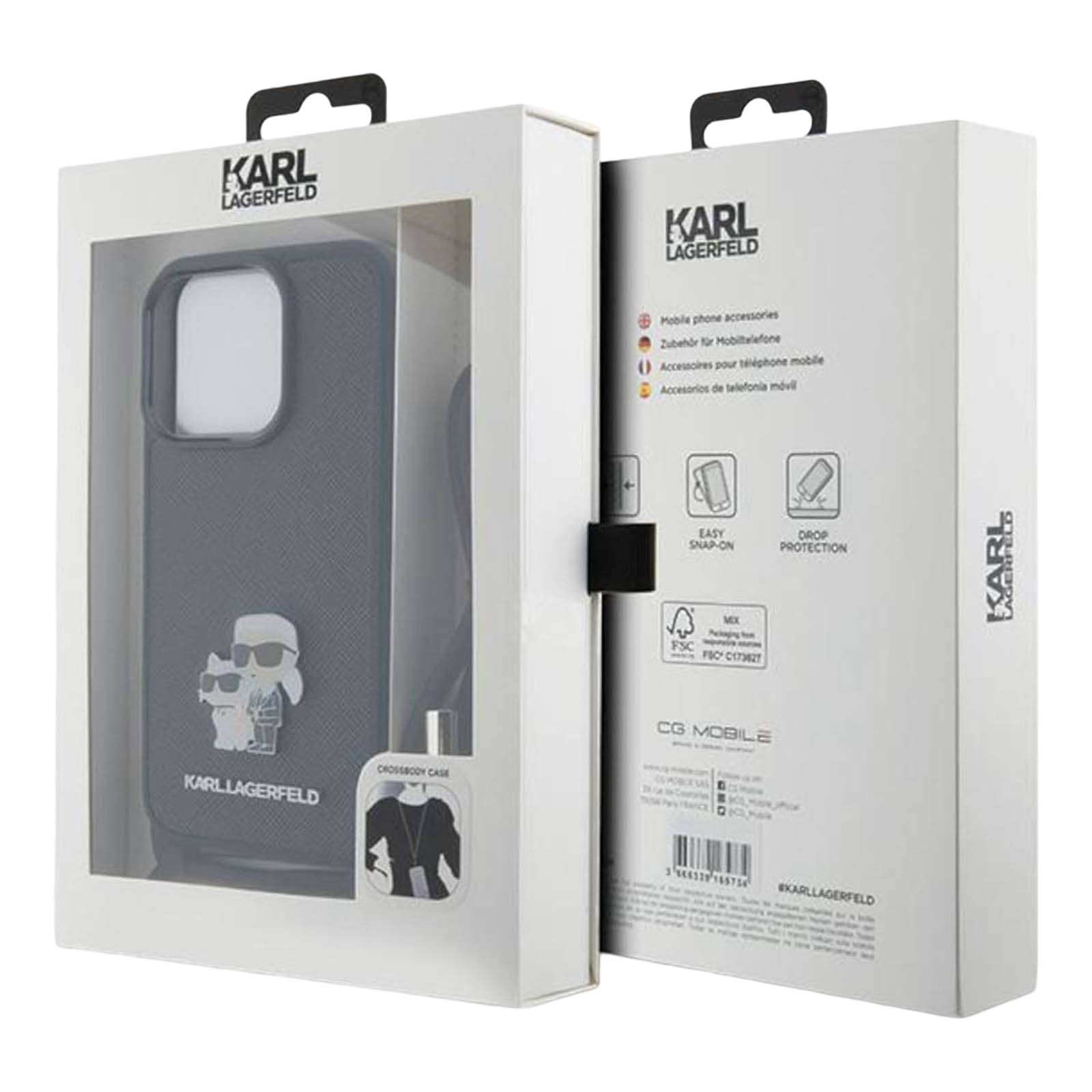 Una caja de funda de teléfono Karl Lagerfeld. La caja está abierta, mostrando una funda con un logo.
