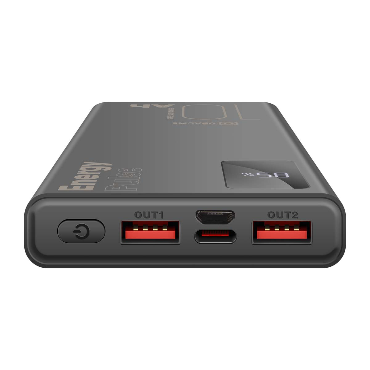 Schwarze Powerbank mit roten USB-Anschlüssen, kleinem Display mit 58% und Text 'Energy Pulse'.
