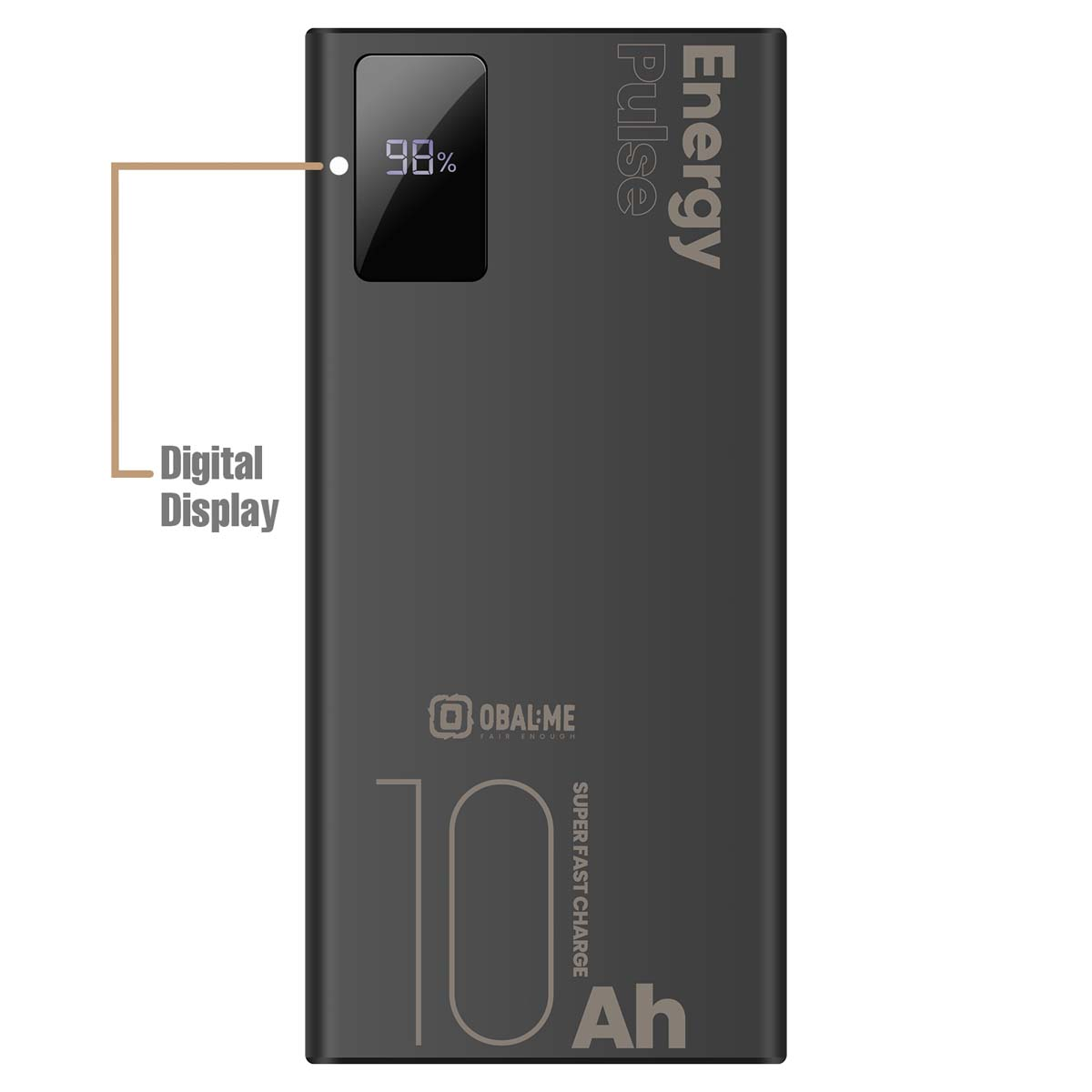 Eine schwarze Powerbank mit digitaler Anzeige, die 98 % anzeigt. Sie hat das OBAL:ME-Logo, '10 Ah' und den Text 'SUPER FAST CHARGE'.