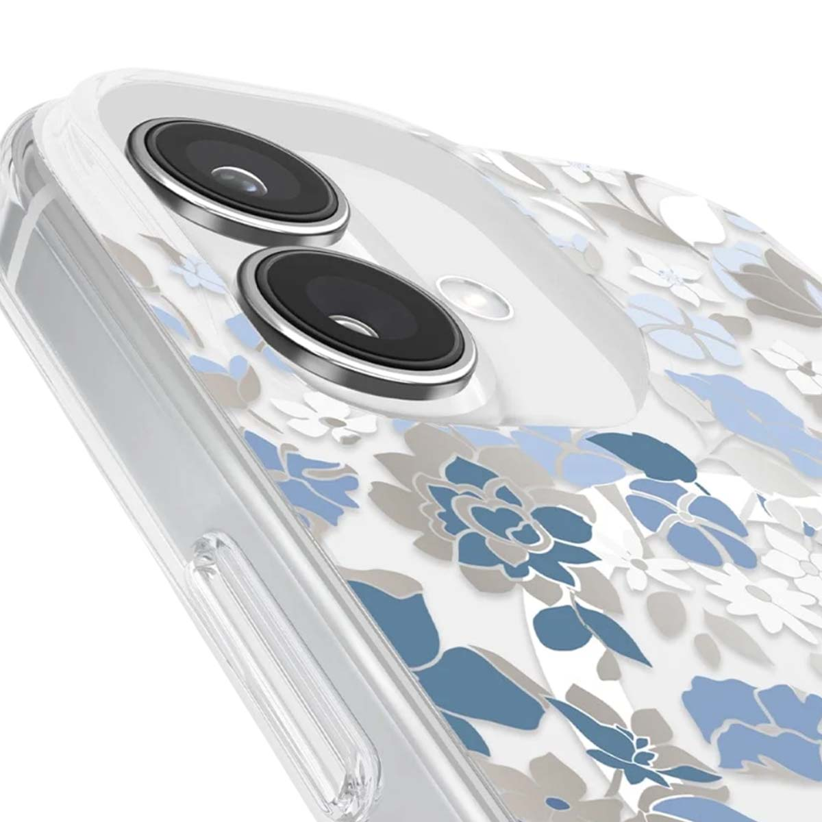 Primo piano di un telefono con custodia floreale. Motivo floreale blu e grigio su sfondo bianco. Due obiettivi della fotocamera visibili.