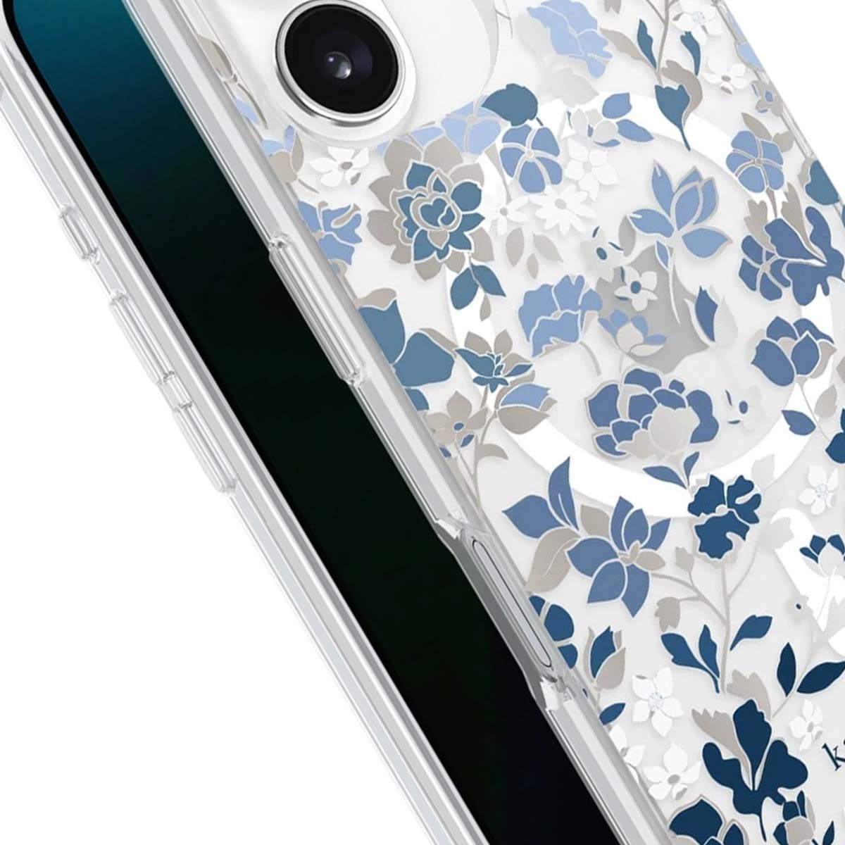 Primo piano di un telefono con custodia floreale. La custodia ha fiori blu, grigi e bianchi. Lo schermo del telefono è nero.