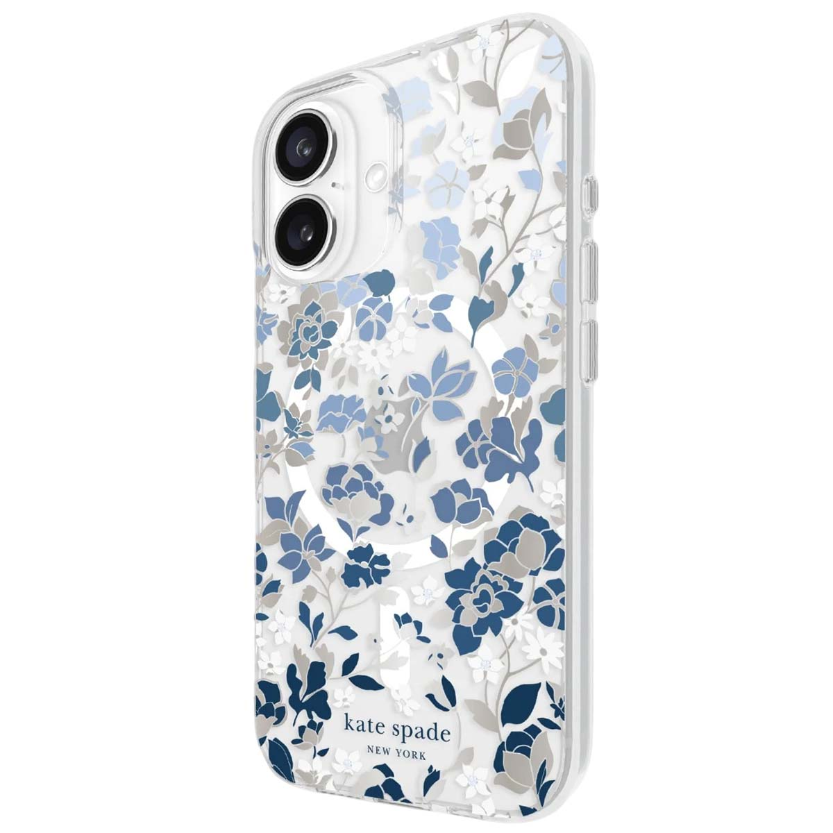 Una custodia trasparente per iPhone con un design floreale bianco, blu e grigio. Il logo Kate Spade è in basso.