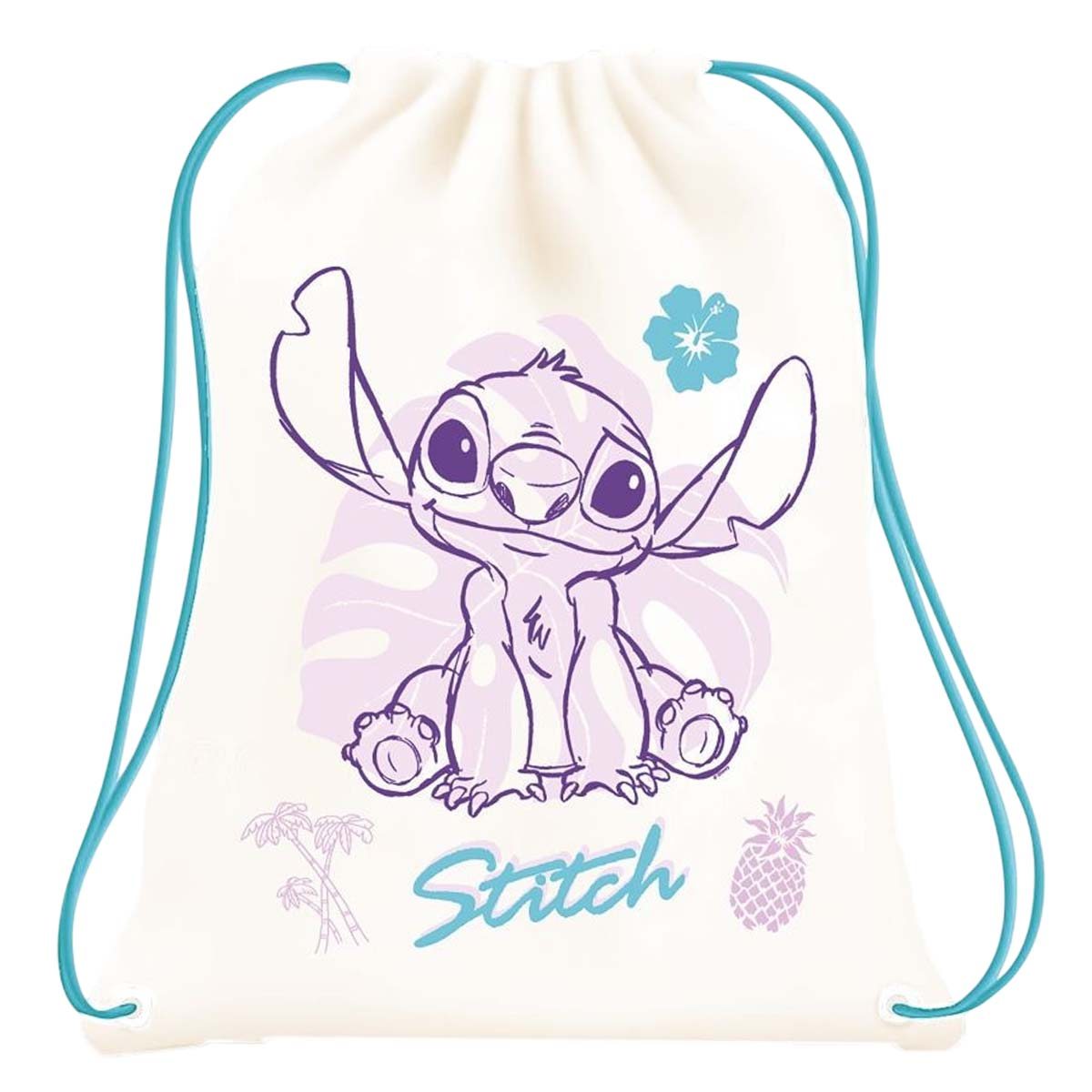 Ein Beutel mit Kordelzug mit Stitch. Stitch ist lila, mit großen Augen, sitzt vor einem Blatt. Blauer Kordelzug mit einer blauen Blume.