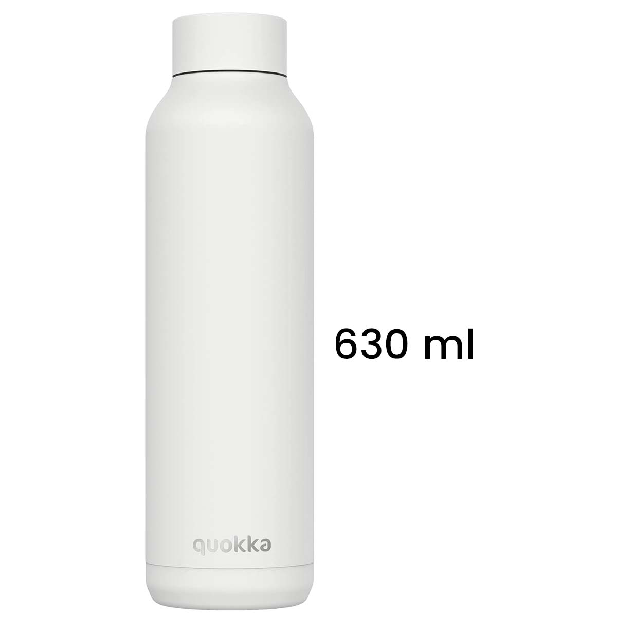 Una bottiglia d'acqua Quokka bianca, 630 ml, su sfondo bianco. La bottiglia è cilindrica con tappo a vite.