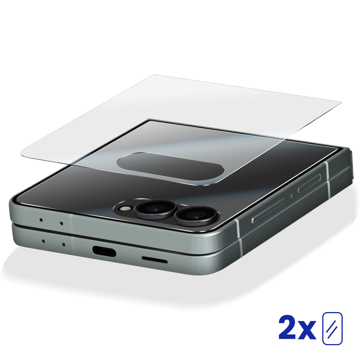 Uno smartphone con una protezione per lo schermo in applicazione. Il telefono è argento, con doppia fotocamera. Una protezione trasparente è sopra.