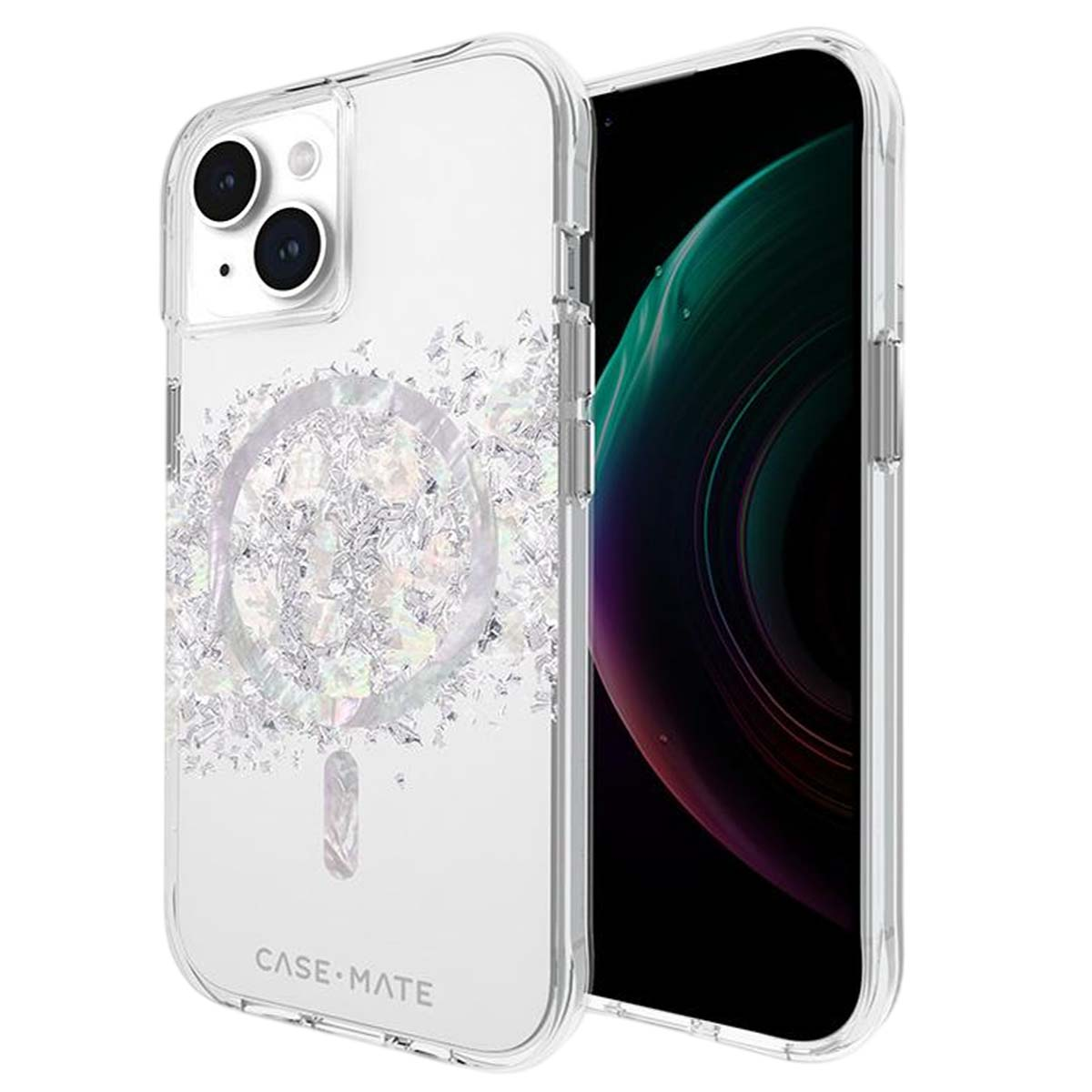 Custodia trasparente per telefono con design glitterato argento, su schermo nero. La custodia è di Case-Mate.