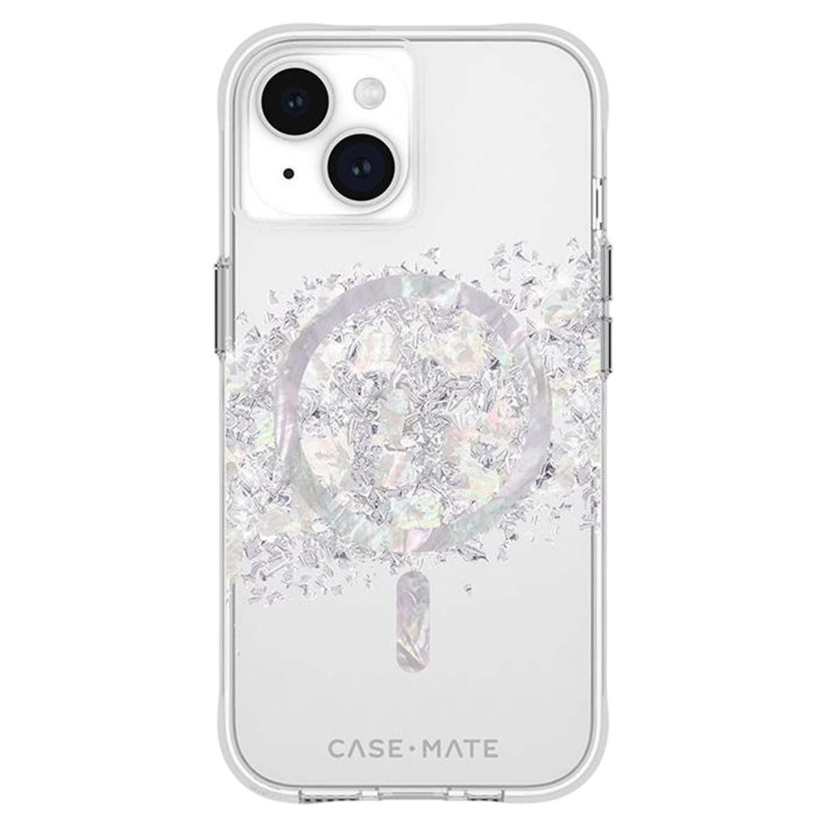 Una custodia trasparente per telefono con un design glitterato. La custodia ha un ritaglio per la fotocamera e il marchio è Case-Mate.
