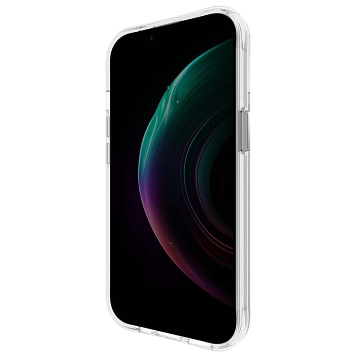 Una custodia trasparente protegge uno smartphone. Lo schermo mostra uno sfondo scuro con vortici verdi e viola.
