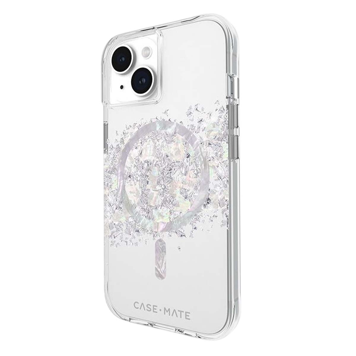Custodia trasparente per telefono con un design glitterato argentato. La custodia ha un ritaglio per la fotocamera ed è visibile il marchio Case Mate.
