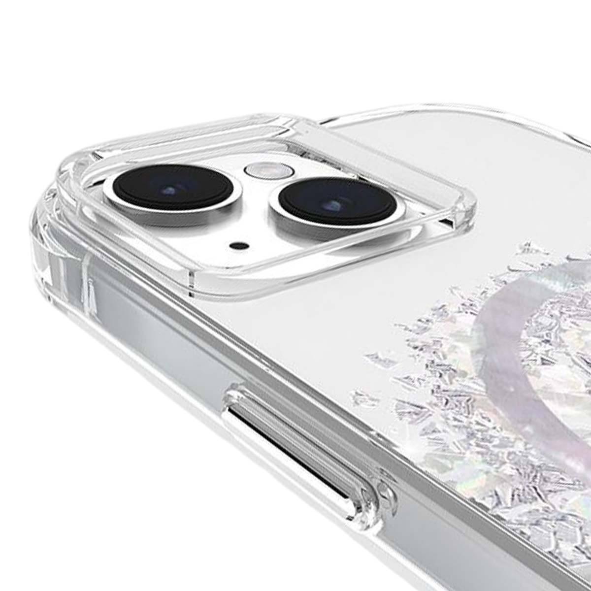 Primo piano di una custodia trasparente per telefono. Sono visibili due obiettivi neri. Glitter e una forma viola chiaro sullo sfondo.