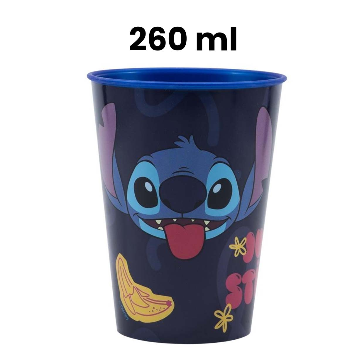 Una tazza blu navy con la faccia di Stitch. Ha un bordo blu e legge 260 ml. Banana gialla e testo rosa sul lato.