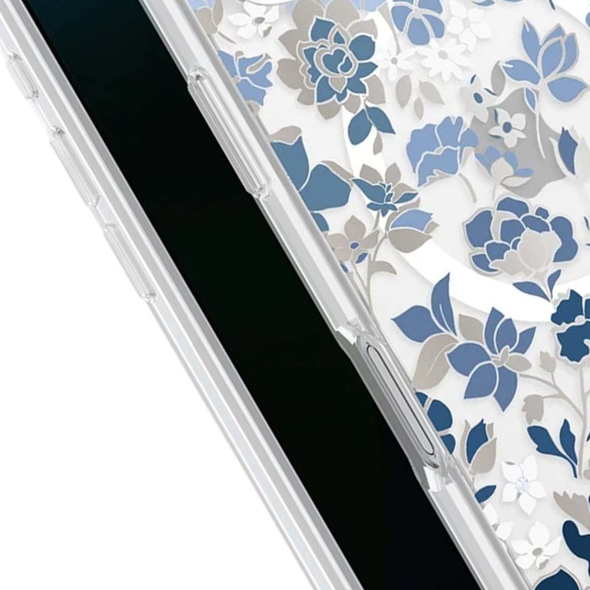 Eine Handyhülle mit Blumenmuster in Blau-, Grau- und Weißtönen. Der Bildschirm des Telefons ist schwarz, die Hülle transparent.