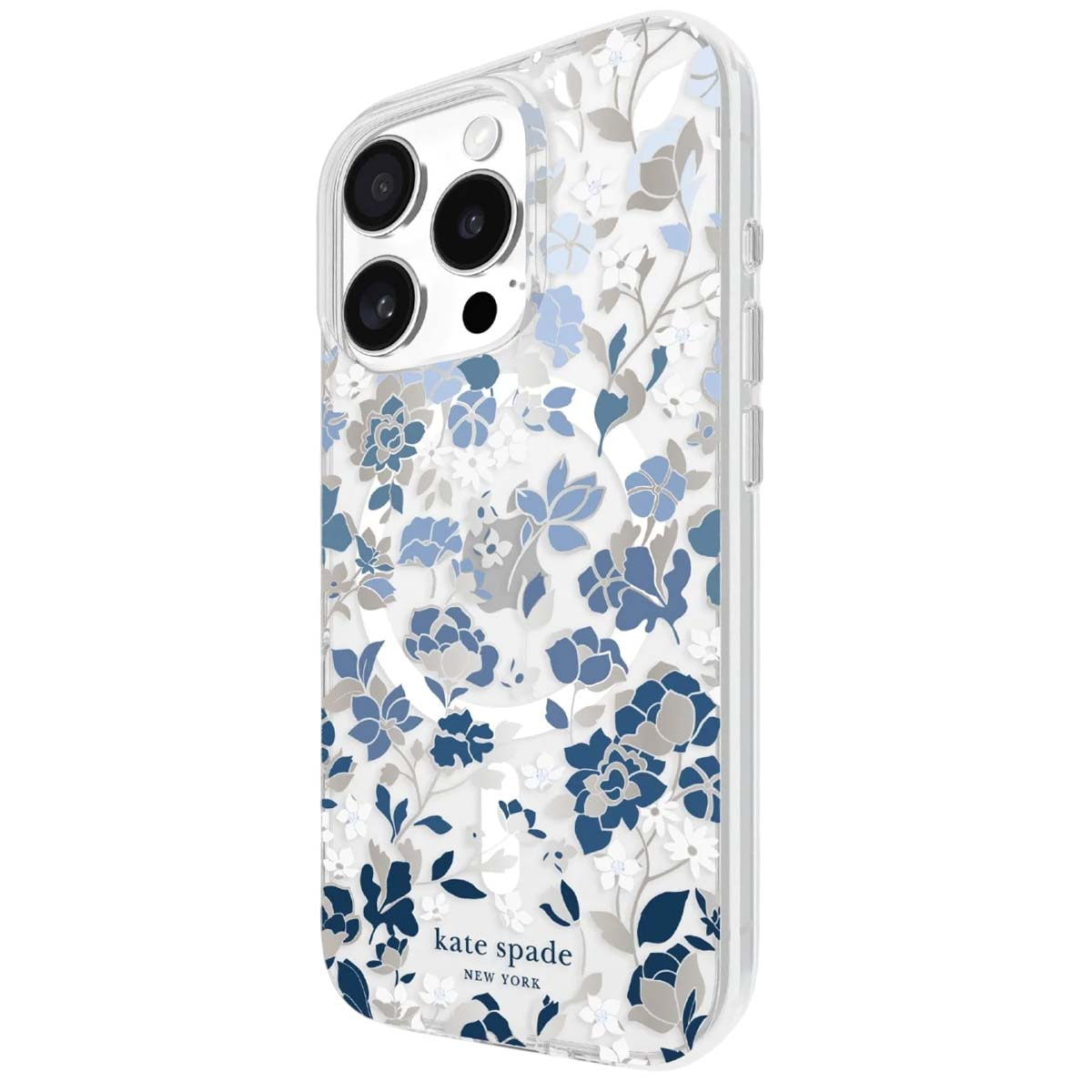 Klare Handyhülle mit blauem, weißem und grauem Blumendesign. Mit Kate Spade-Logo unten.