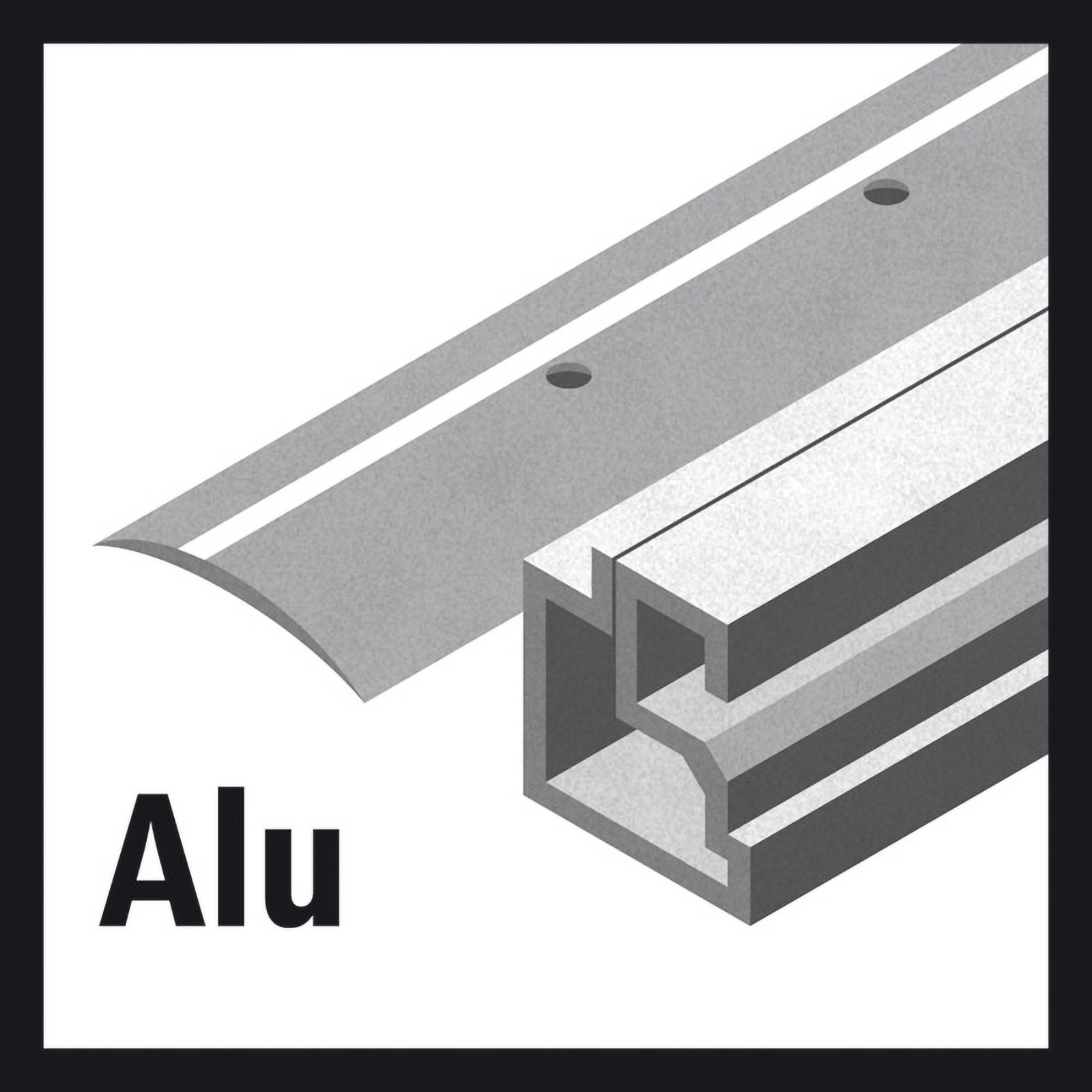 Illustration eines Aluminiumprofils mit Querschnitt und gebogenem Teil mit weißen Linien. Text 'Alu' steht unten.