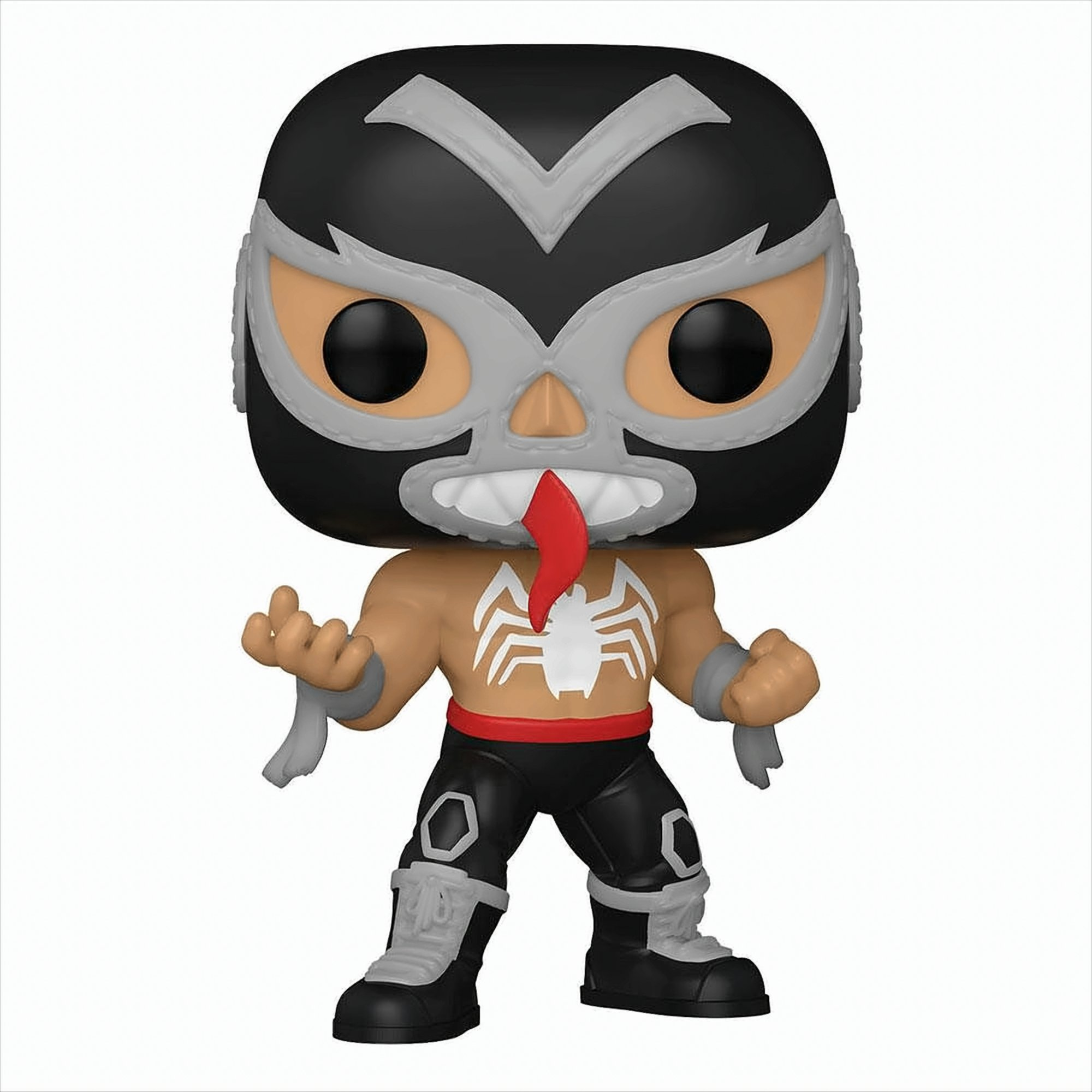 Funko Pop Figur eines Wrestlers. Sie hat eine schwarze Maske mit silbernem Design, eine rote Zunge und ein Spinnen-Symbol.