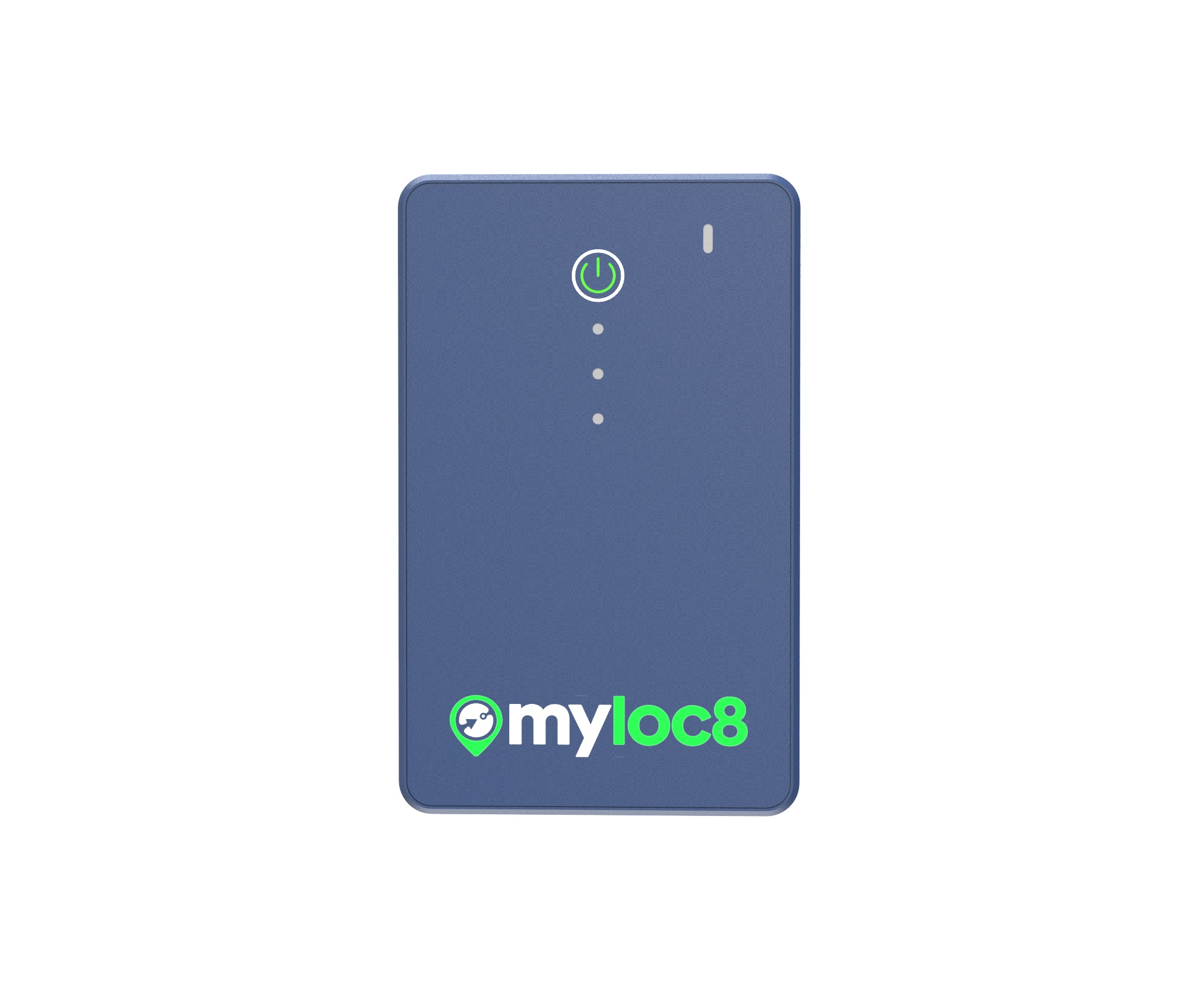 Ein blaues Rechteck mit Ein-/Aus-Taste und Kontrollleuchten. Das myloc8-Logo befindet sich unten.