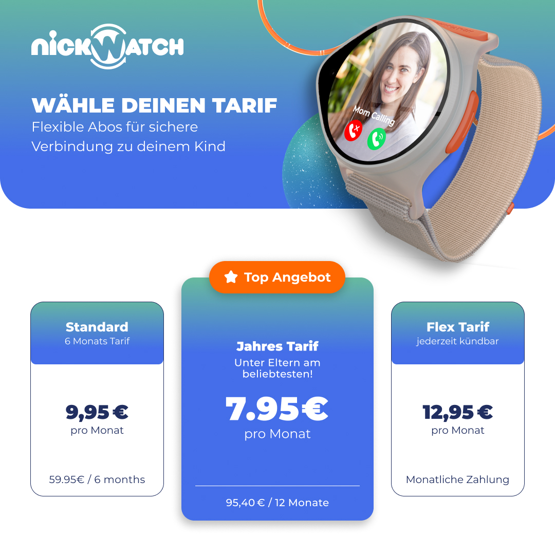 Werbung für eine Smartwatch mit Preisplänen. Die Uhr zeigt einen Videoanruf. Verschiedene Preisoptionen sind detailliert.