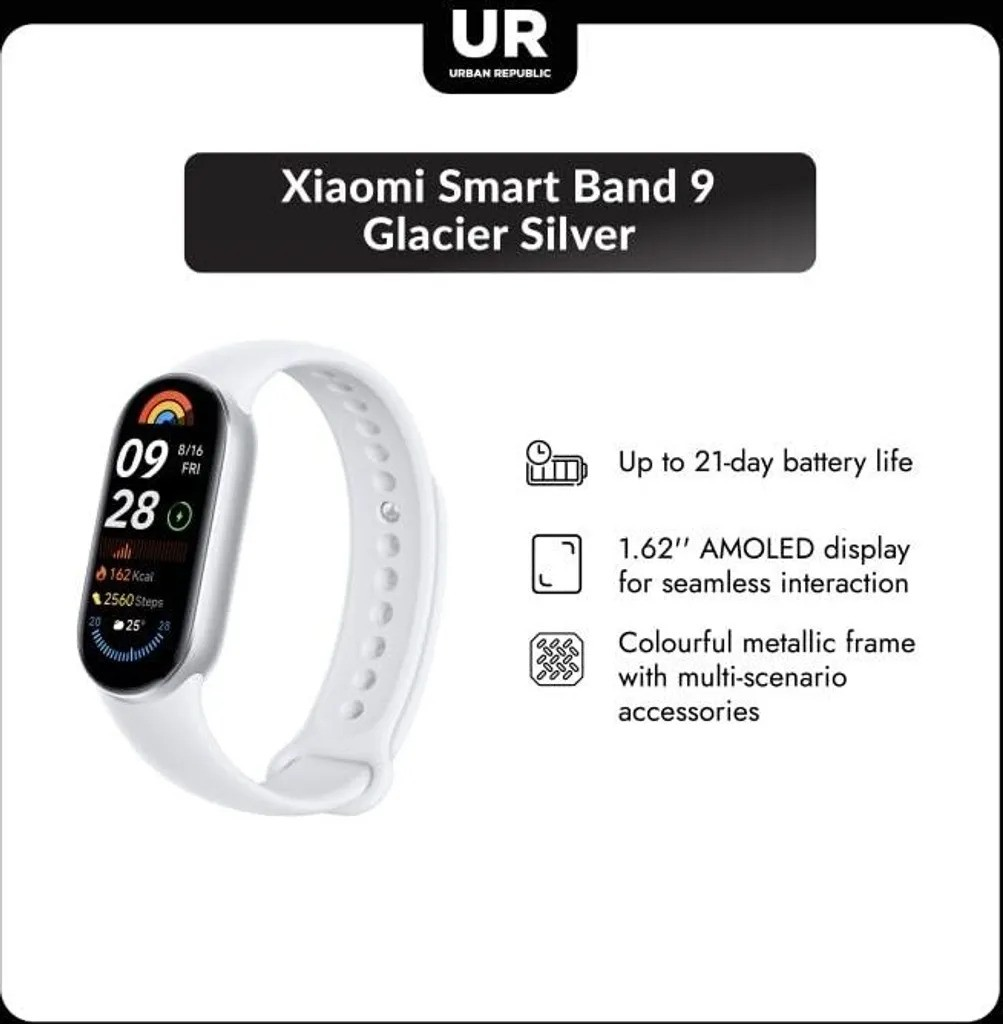 Biała opaska Xiaomi Smart Band 9 na białym tle. Wyświetlacz pokazuje godzinę, datę i dane aktywności. Tekst zawiera żywotność baterii, rozmiar ekranu i ramkę.