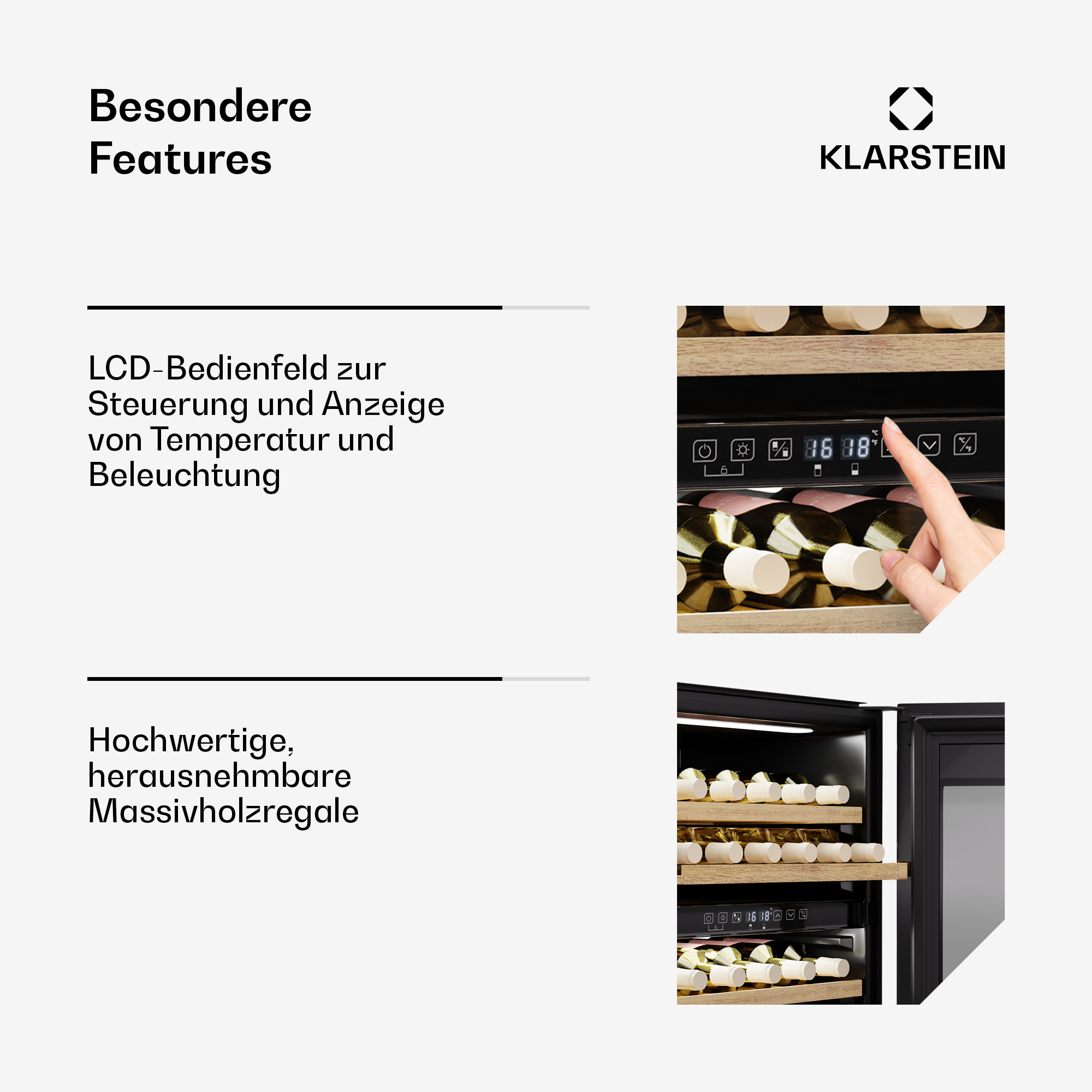 Ein Weinkühler mit Merkmalen: LCD-Panel, Temperaturanzeige und Holzregale mit Weinflaschen.