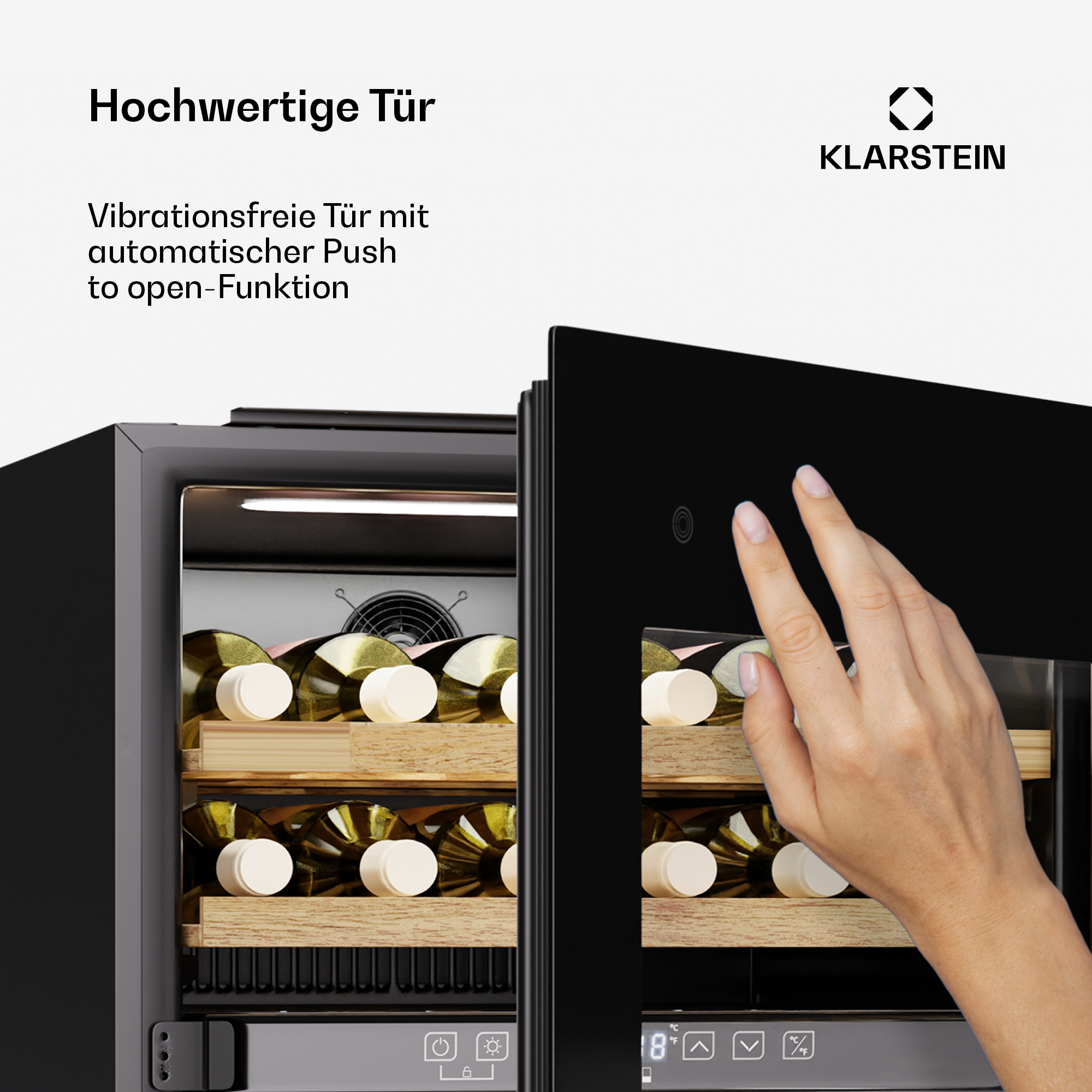 Eine Hand berührt eine schwarze Kühlschranktür mit Weinflaschen im Inneren. Der Text oben lautet 'Hochwertige Tür'.