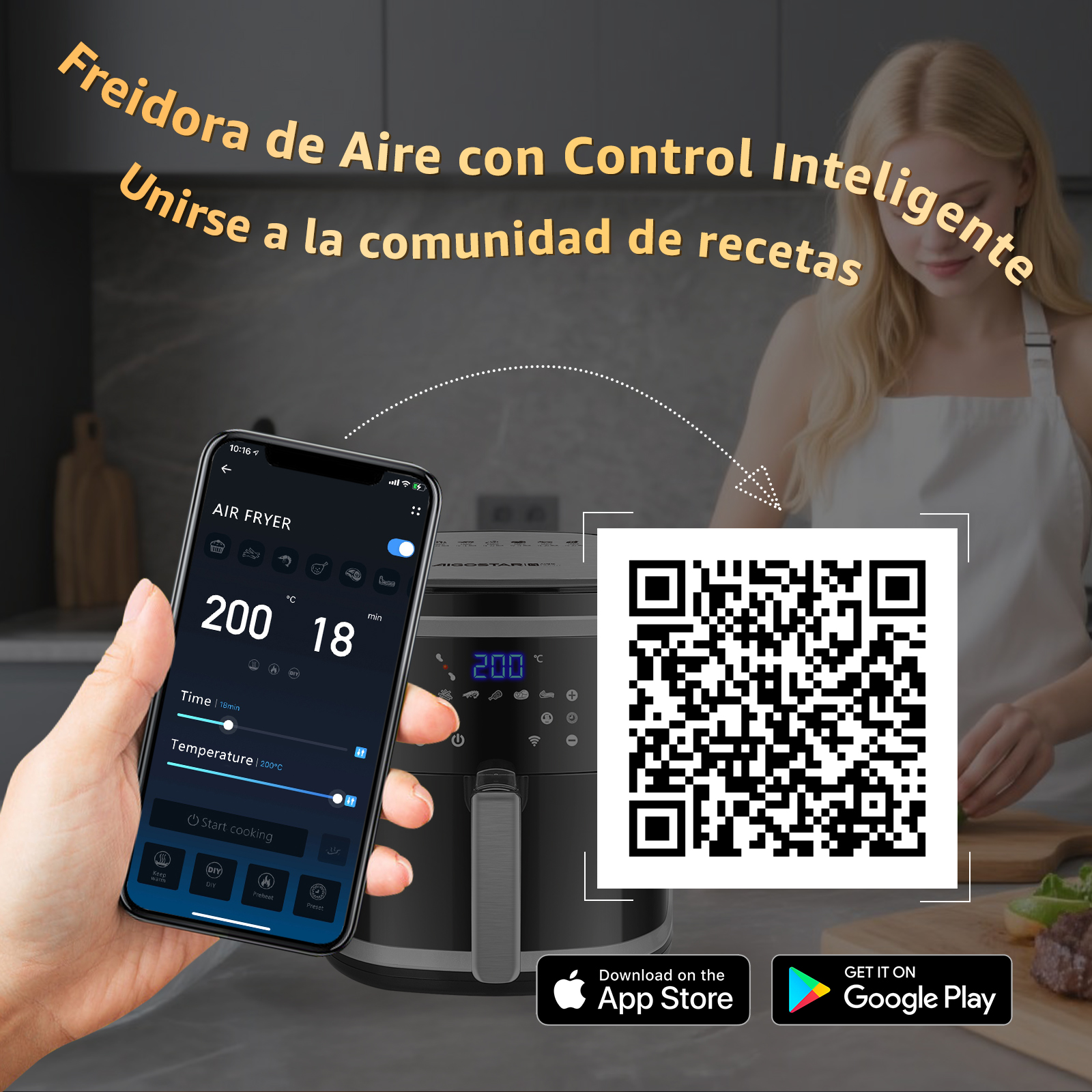 Freidora de aire con control telefónico, muestra ajustes. Código QR y botones de descarga de la aplicación.