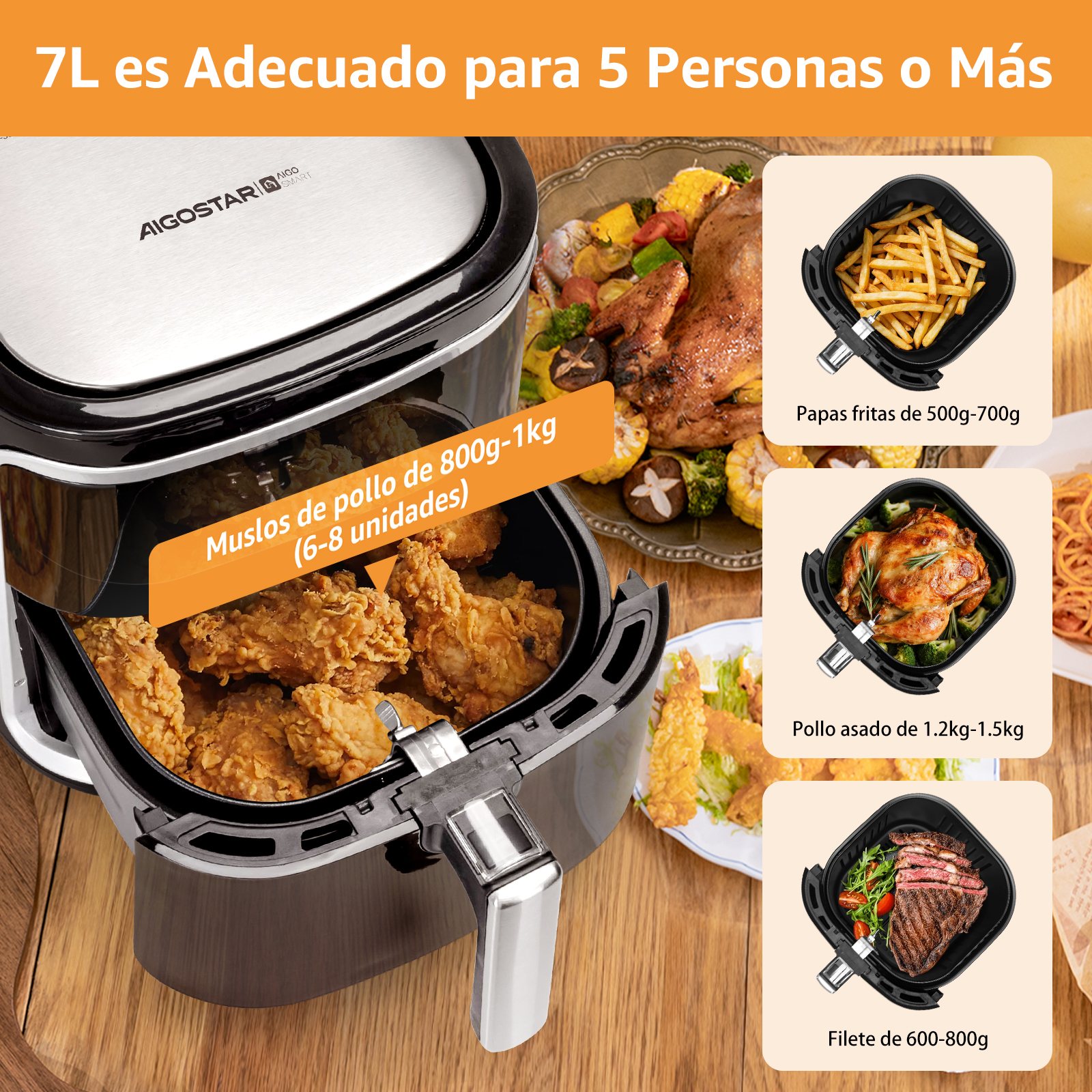 Una freidora de aire con muslos de pollo, papas fritas, pollo asado y bistec. El texto indica que es adecuado para 5+ personas.