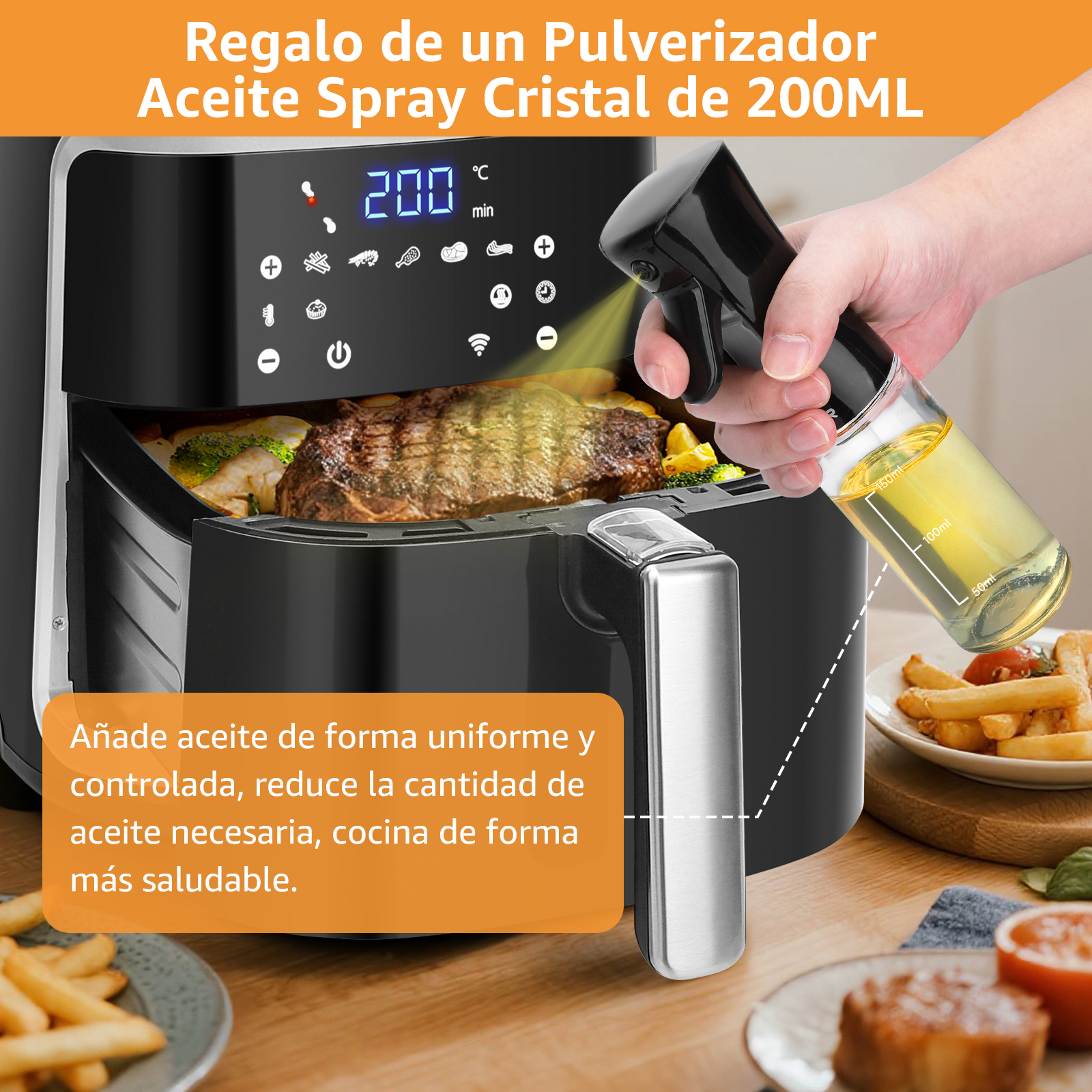 Una freidora de aire con comida dentro, una mano rociando aceite de una botella y texto que describe el producto.