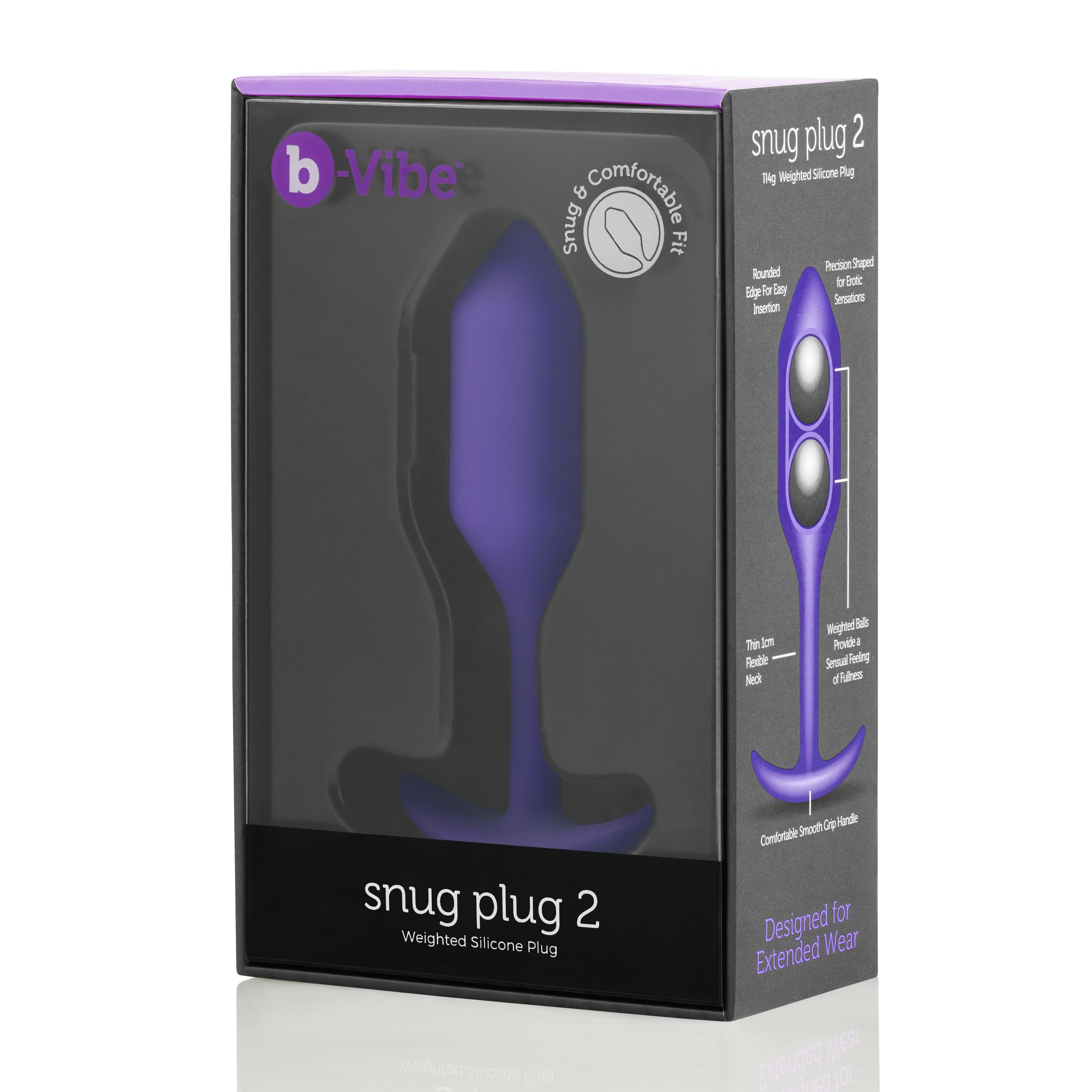 Ein lila Silikon-Plug in einer Schachtel. Die Schachtel trägt Produktname, Marke und Merkmale. Der Plug ist für längeren Gebrauch bestimmt.