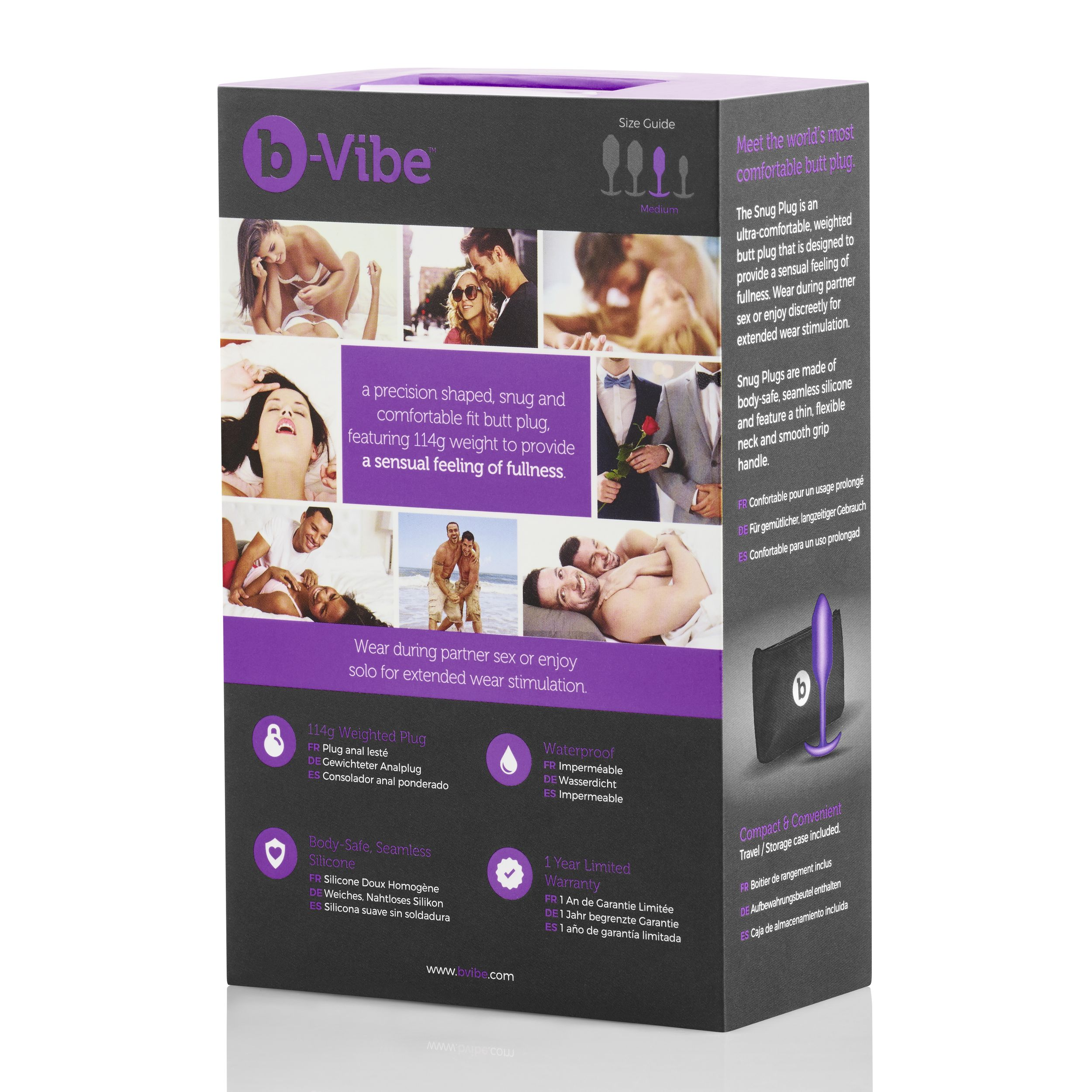 Eine Produktbox mit Bildern von Menschen und Text zur Werbung für einen Analplug. Es hat ein lila und schwarzes Farbschema.