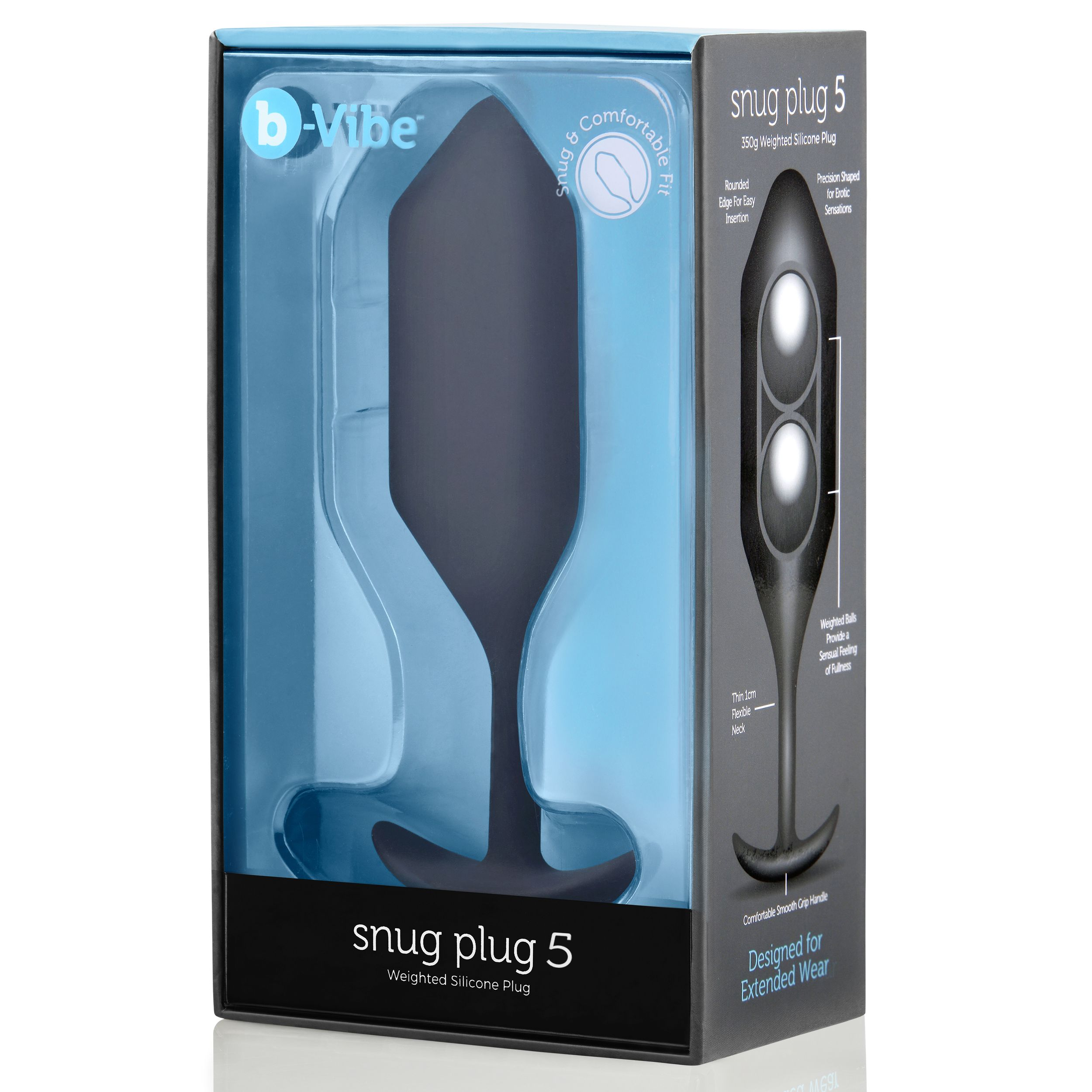 Ein schwarzer Silikon-Analplug in einer blauen Schachtel. Text enthält 'snug plug 5', 'b-Vibe' und Produktmerkmale.