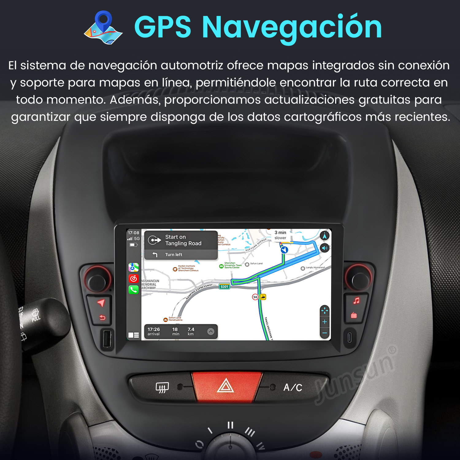 Sistema de navegación del coche mostrando un mapa con indicaciones. Se muestra en el salpicadero de un coche. Texto en español.