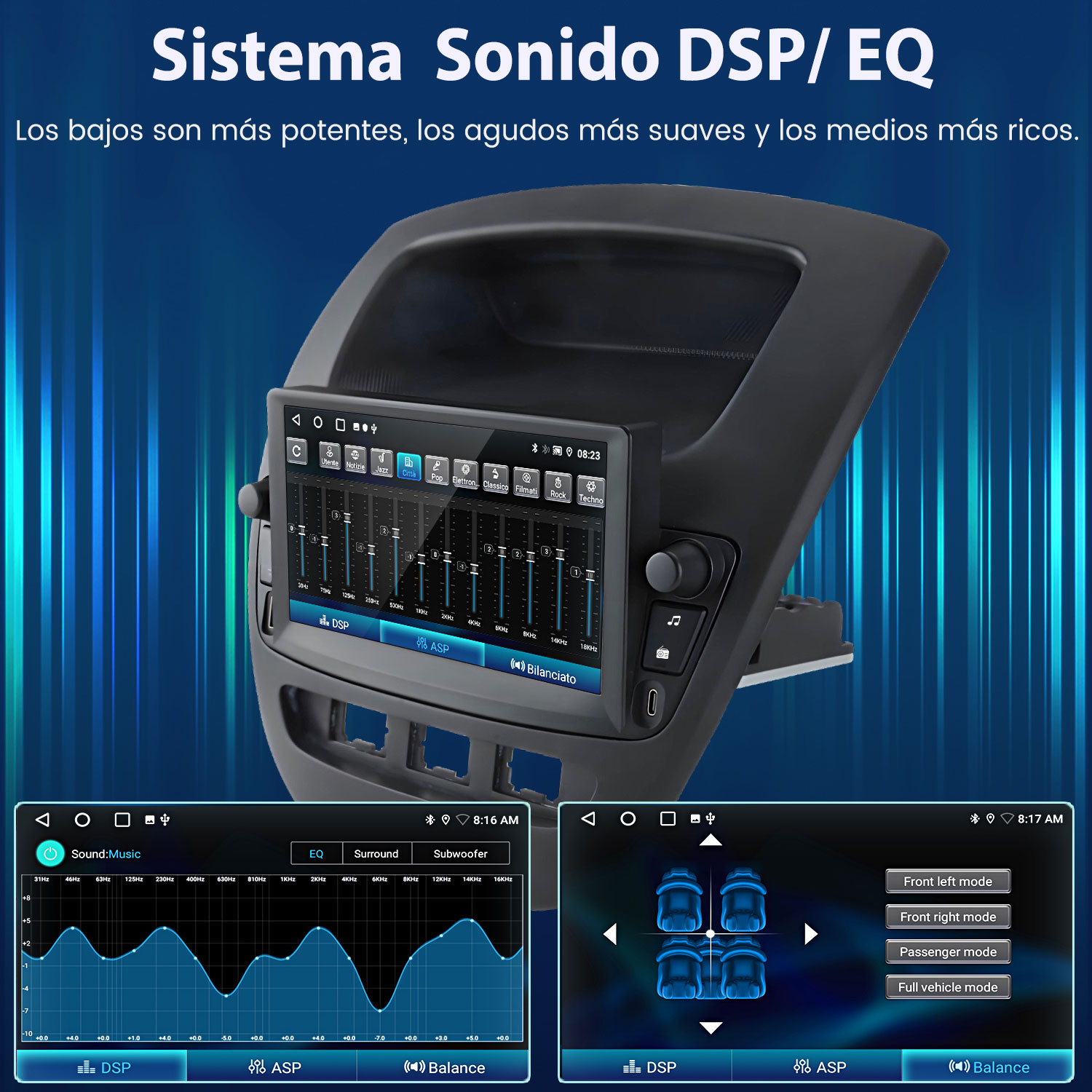 Sistema de audio para coche con interfaz de ecualizador y ajustes de sonido en la pantalla. Botones y controles visibles.