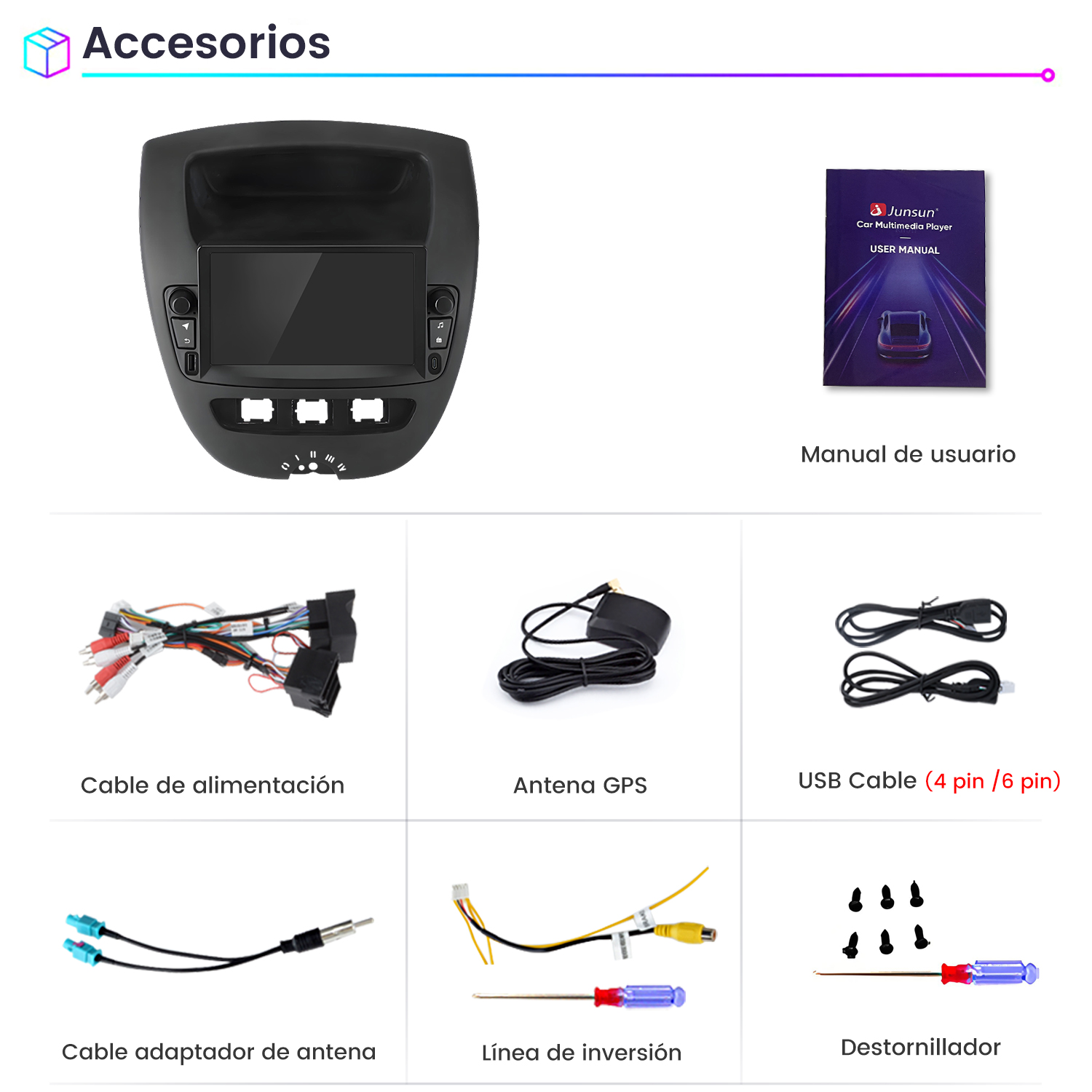Accesorios multimedia para automóviles incluyen reproductor, manual, cables, antena y herramientas, sobre fondo blanco.