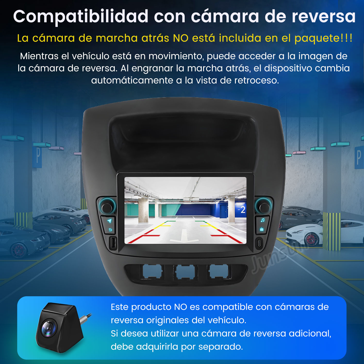Una pantalla de tablero de automóvil muestra una vista de garaje de estacionamiento desde una cámara de reversa. Se muestra una cámara separada. El texto menciona compatibilidad.
