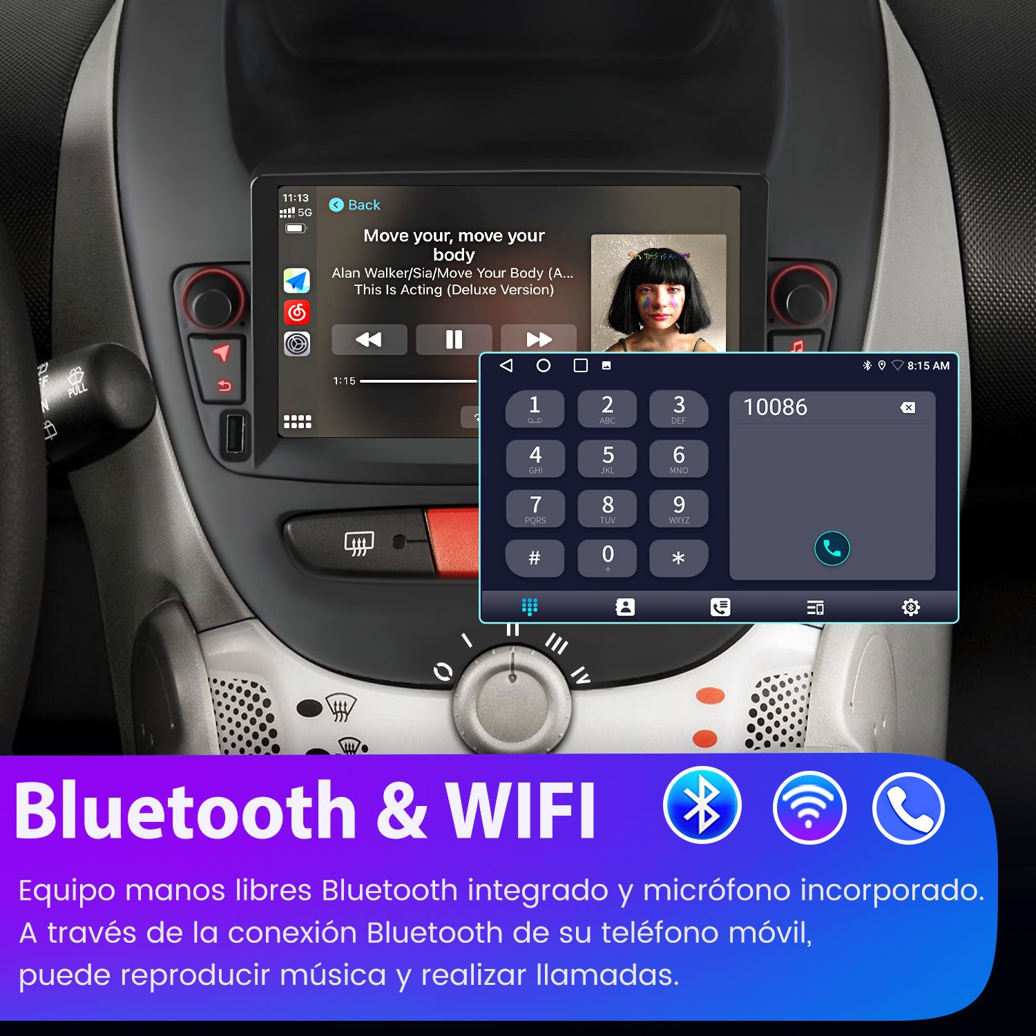 La pantalla del estéreo del coche muestra un teclado telefónico, reproductor de música y controles del coche. Logos Bluetooth y Wifi abajo.