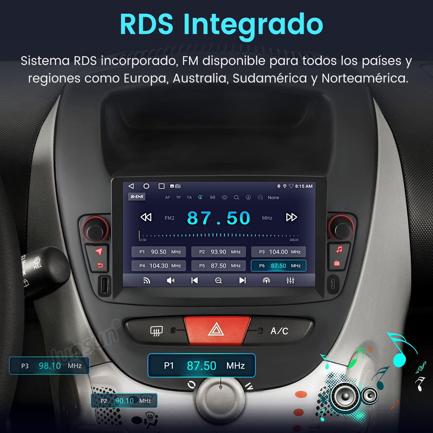 Pantalla de radio de coche mostrando la configuración de radio FM con el logo RDS Integrado. La pantalla muestra frecuencia y opciones preestablecidas.