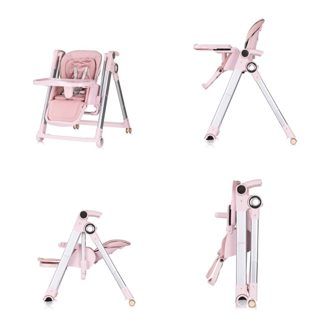 Vier Bilder eines rosa Babyhochstuhls in verschiedenen Positionen: montiert, offen, teilweise und vollständig zusammengeklappt.